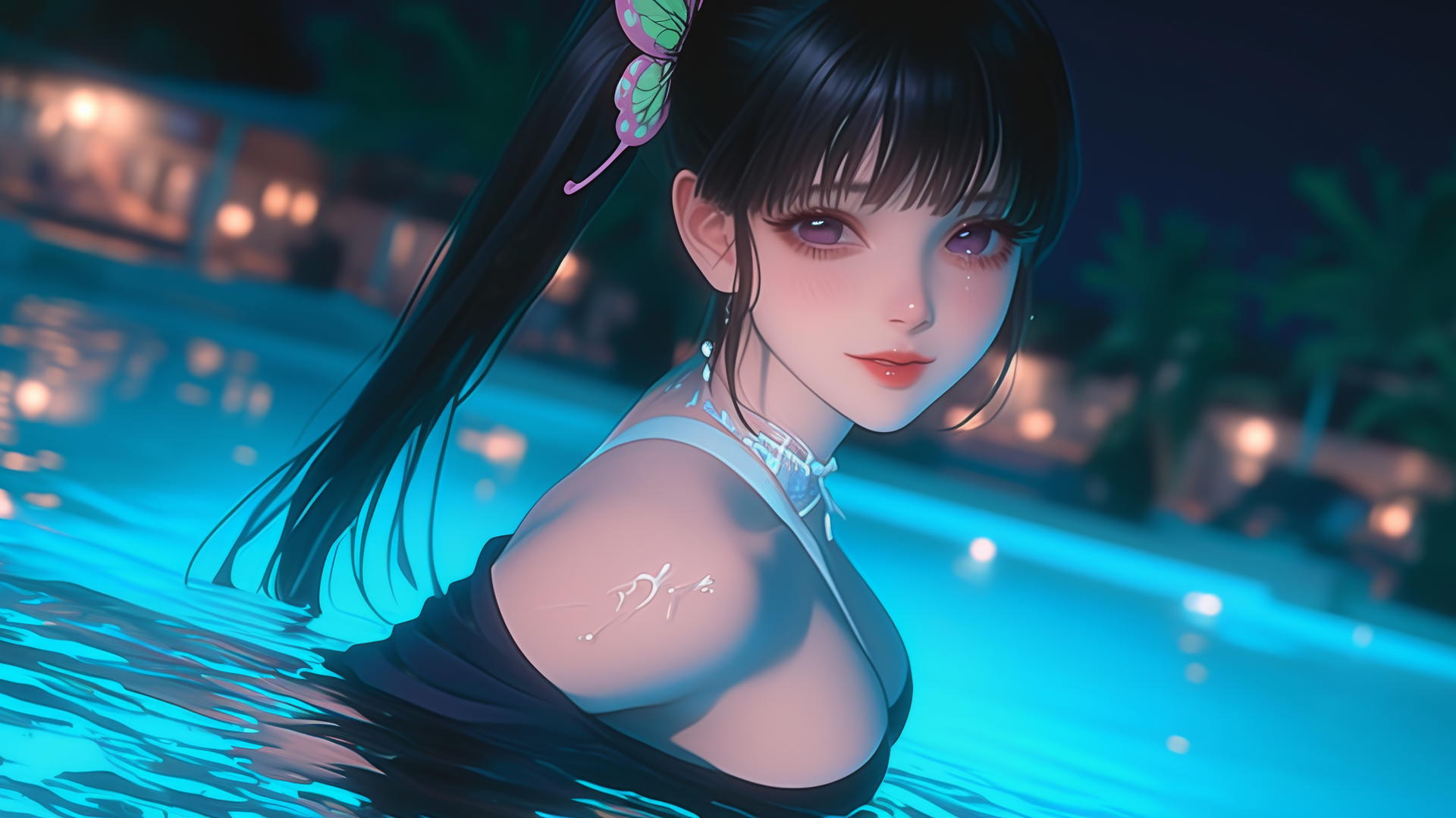 Kanao Tsuyuri from Demon Slayer jumps out of a swimming pool under moonlight.