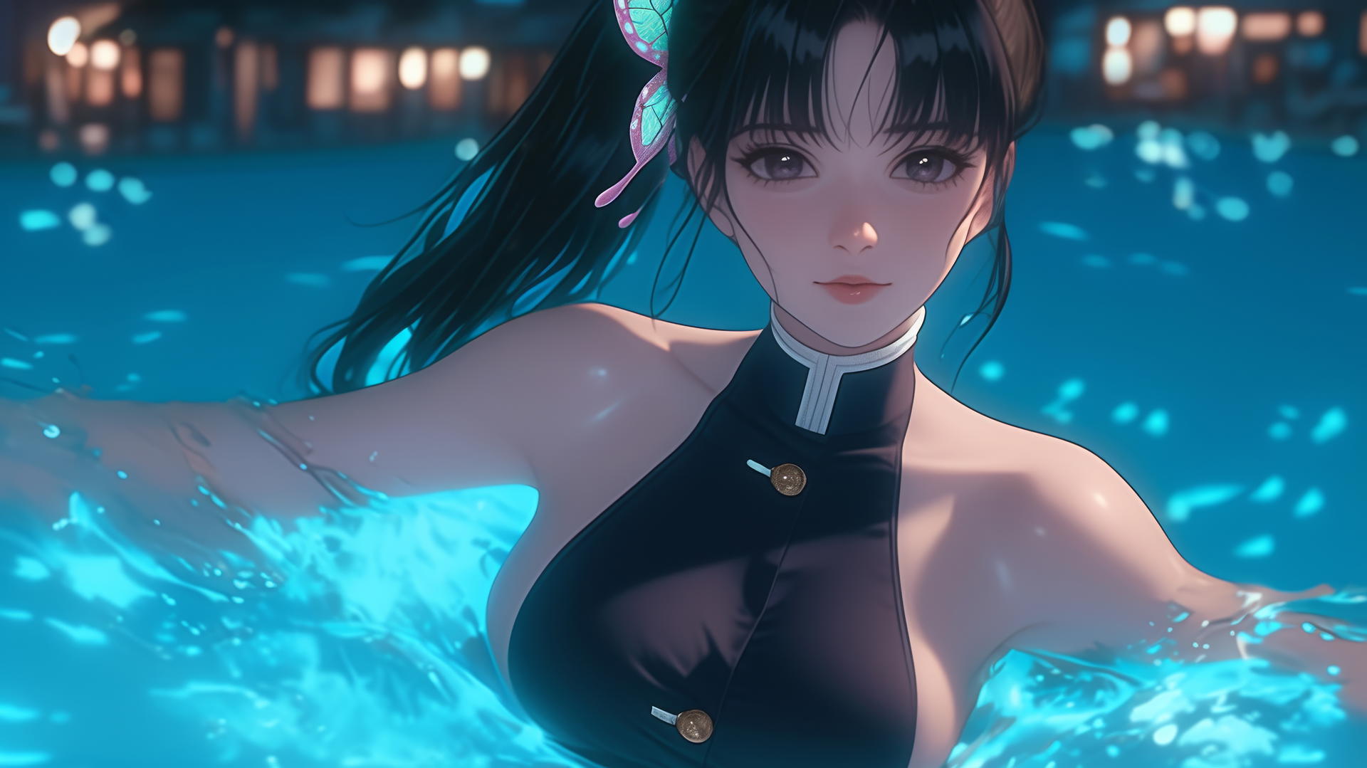 Kanao Tsuyuri from Demon Slayer jumping out of a swimming pool under moonlight