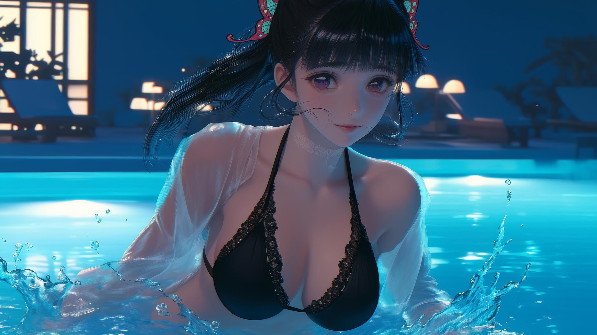 Kanao Tsuyuri from Demon Slayer jumps out of a swimming pool under moonlight