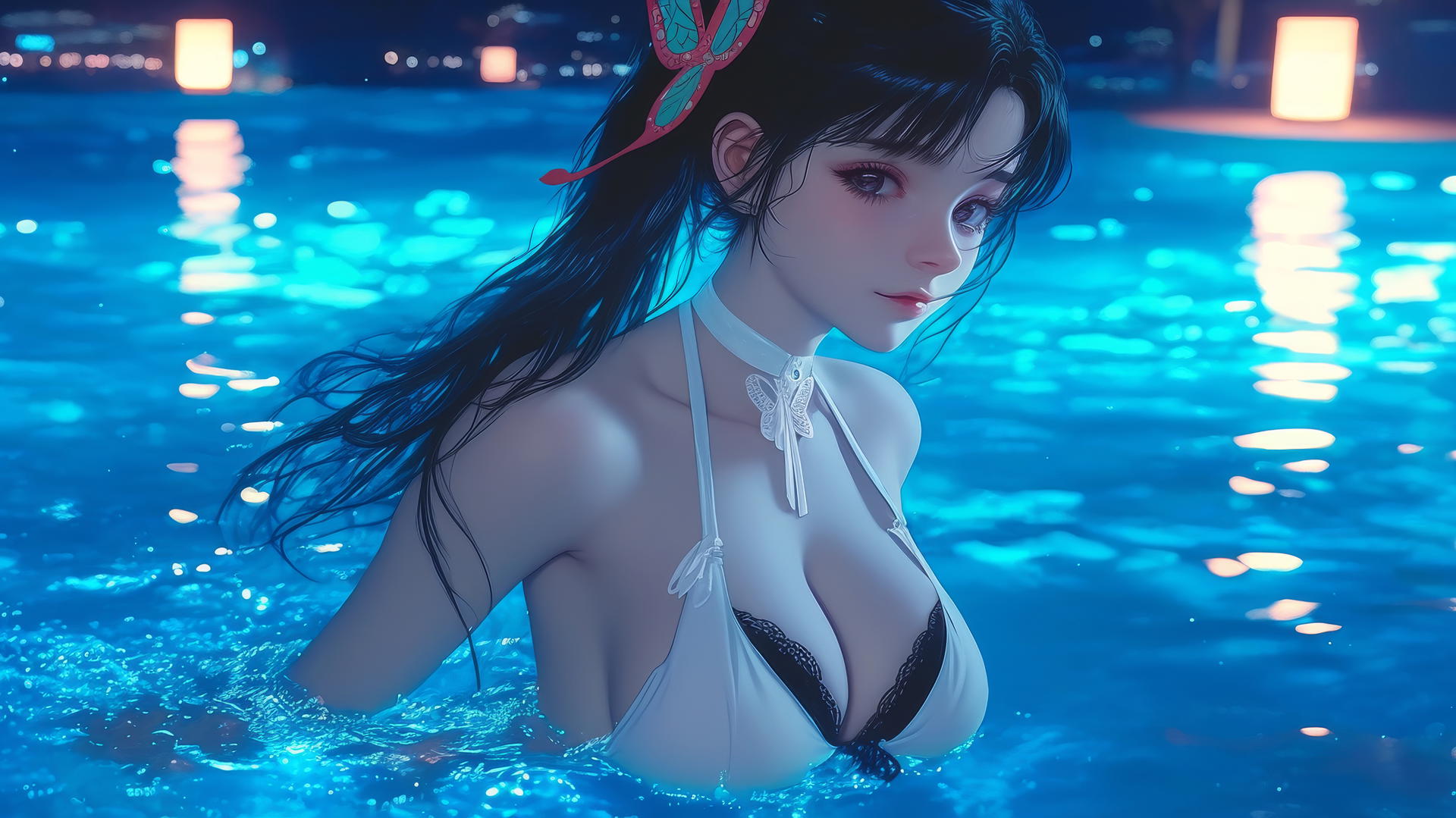 Kanao Tsuyuri jumping out of a swimming pool under moonlight with a butterfly ornament in her hair.