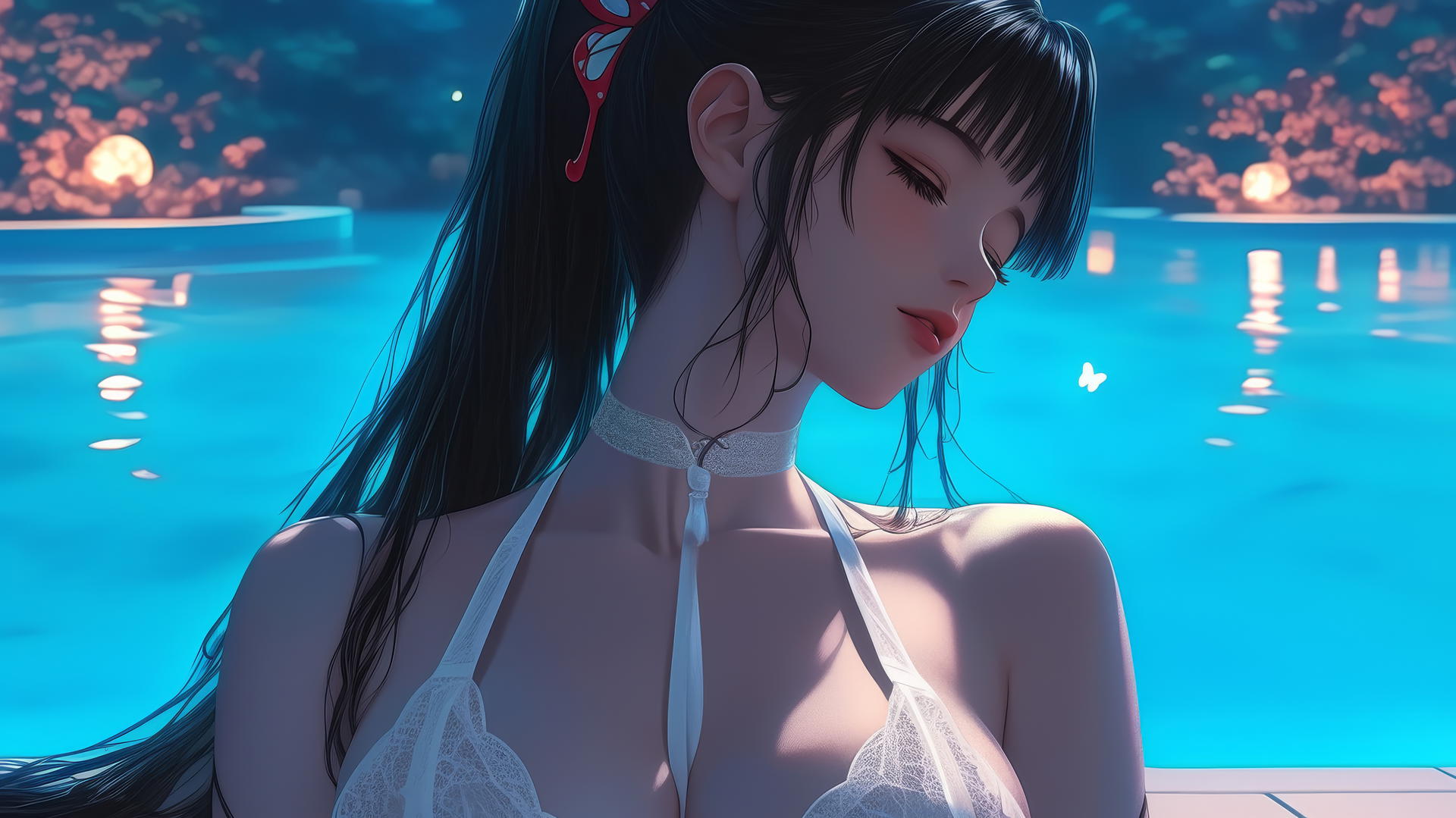 Kanao Tsuyuri from Demon Slayer resting by a swimming pool under moonlight.