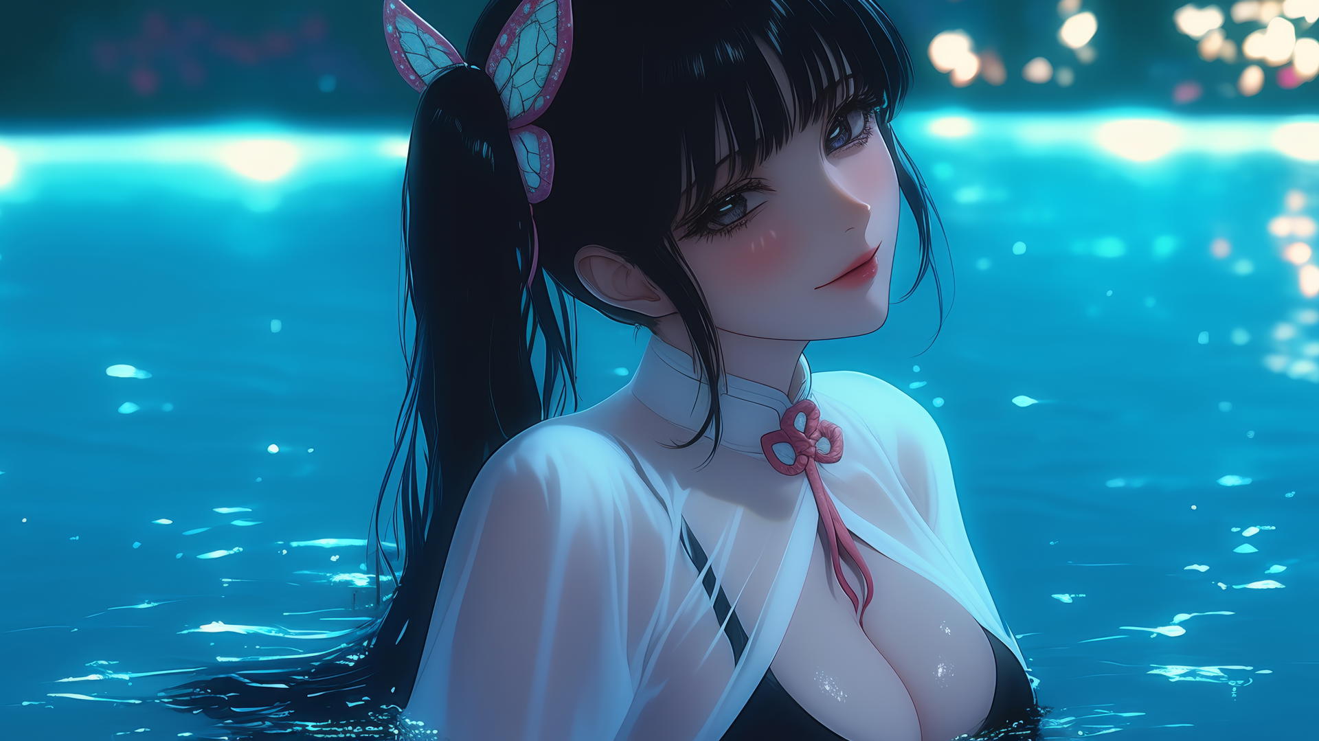Kanao Tsuyuri from Demon Slayer resting by a swimming pool under moonlight.