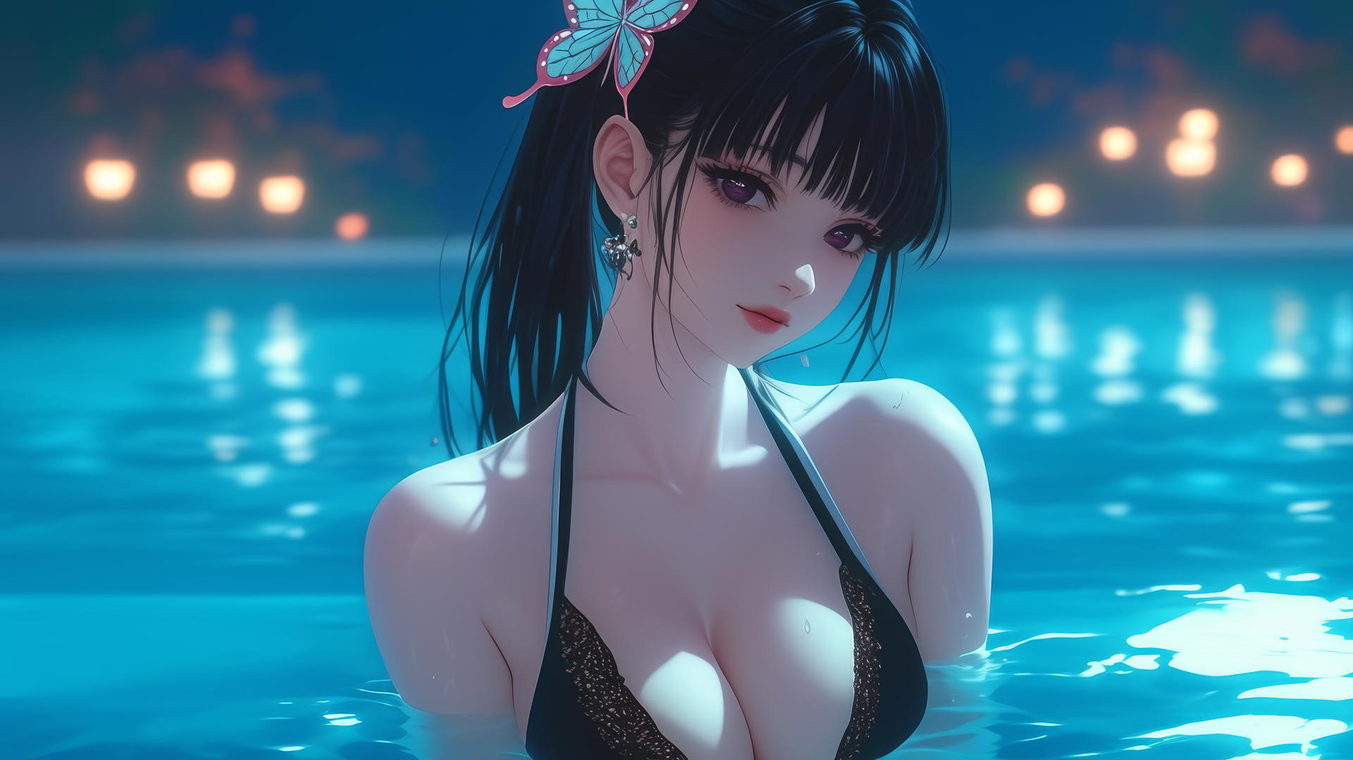Kanao Tsuyuri from Demon Slayer resting by a swimming pool under moonlight.