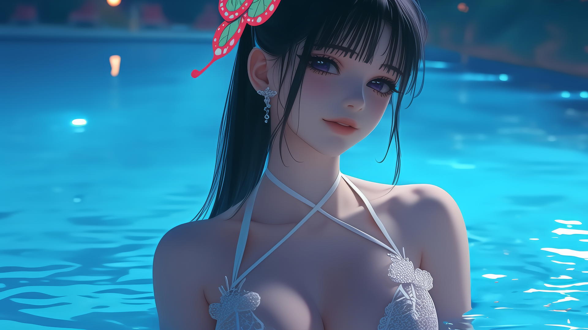 Kanao Tsuyuri from Demon Slayer resting by a swimming pool under moonlight.