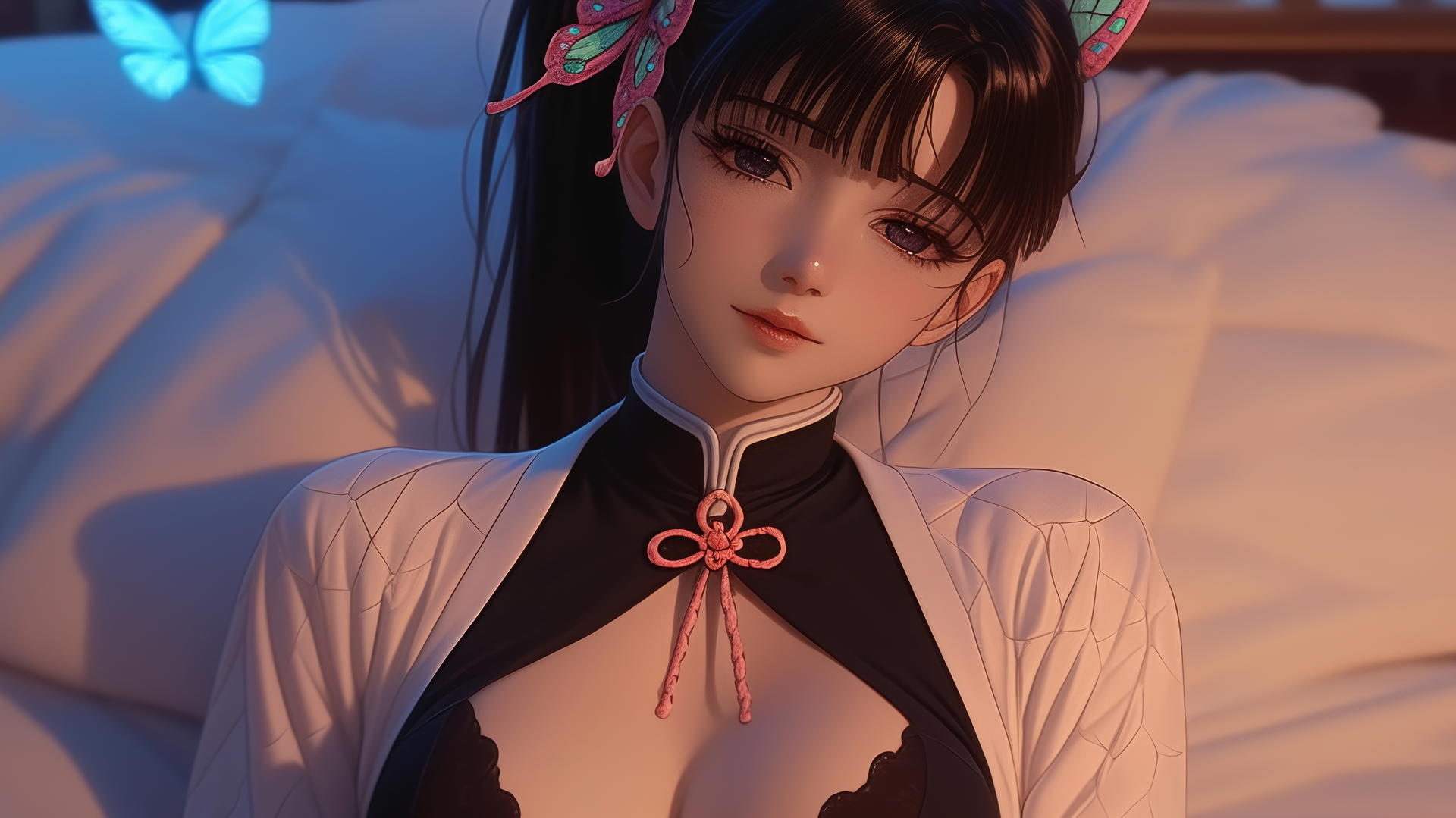 Kanao Tsuyuri from Demon Slayer resting in a modern hotel room with warm lighting.