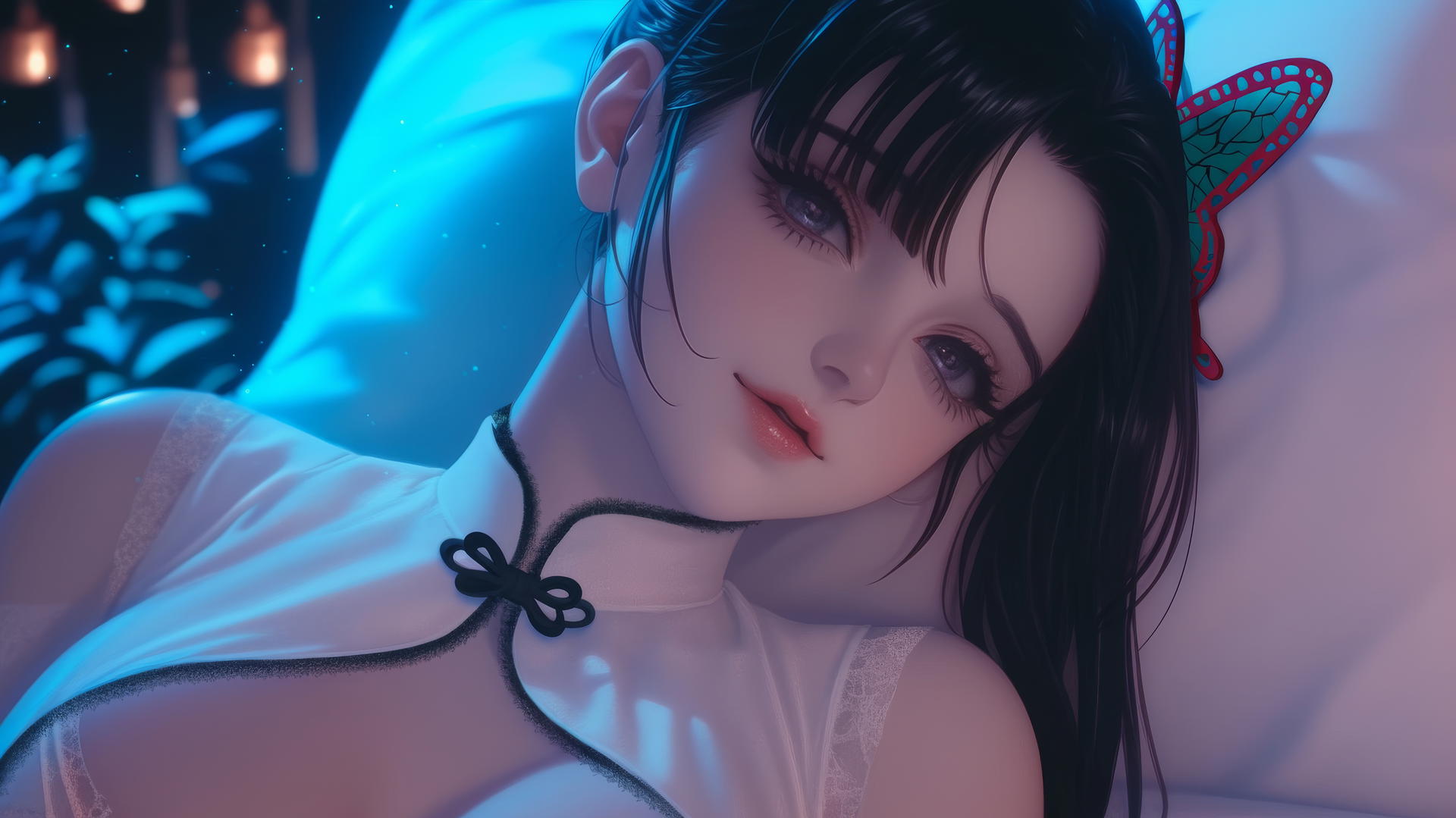 Kanao Tsuyuri resting in a modern hotel room with warm lighting.