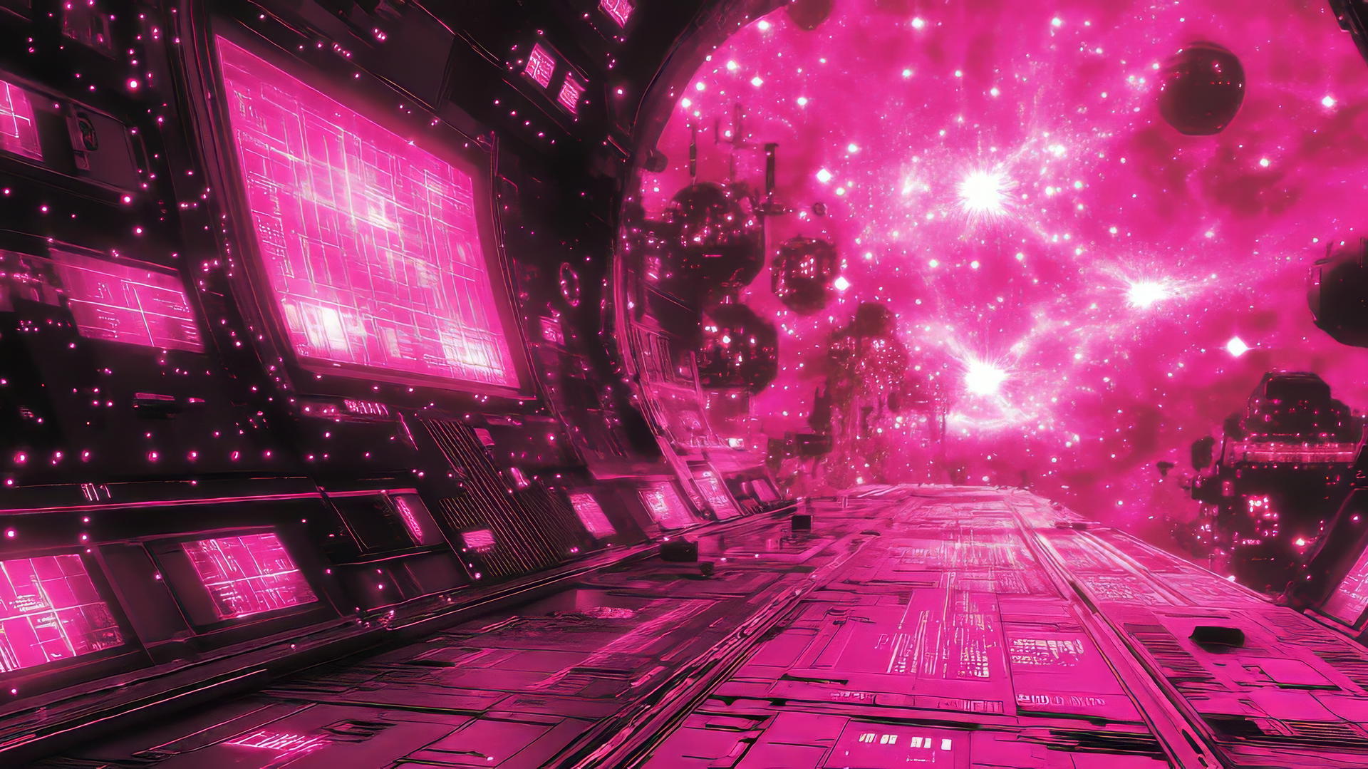 pink Y2K wallpaper featuring a neon pink space station with holographic panels and stars