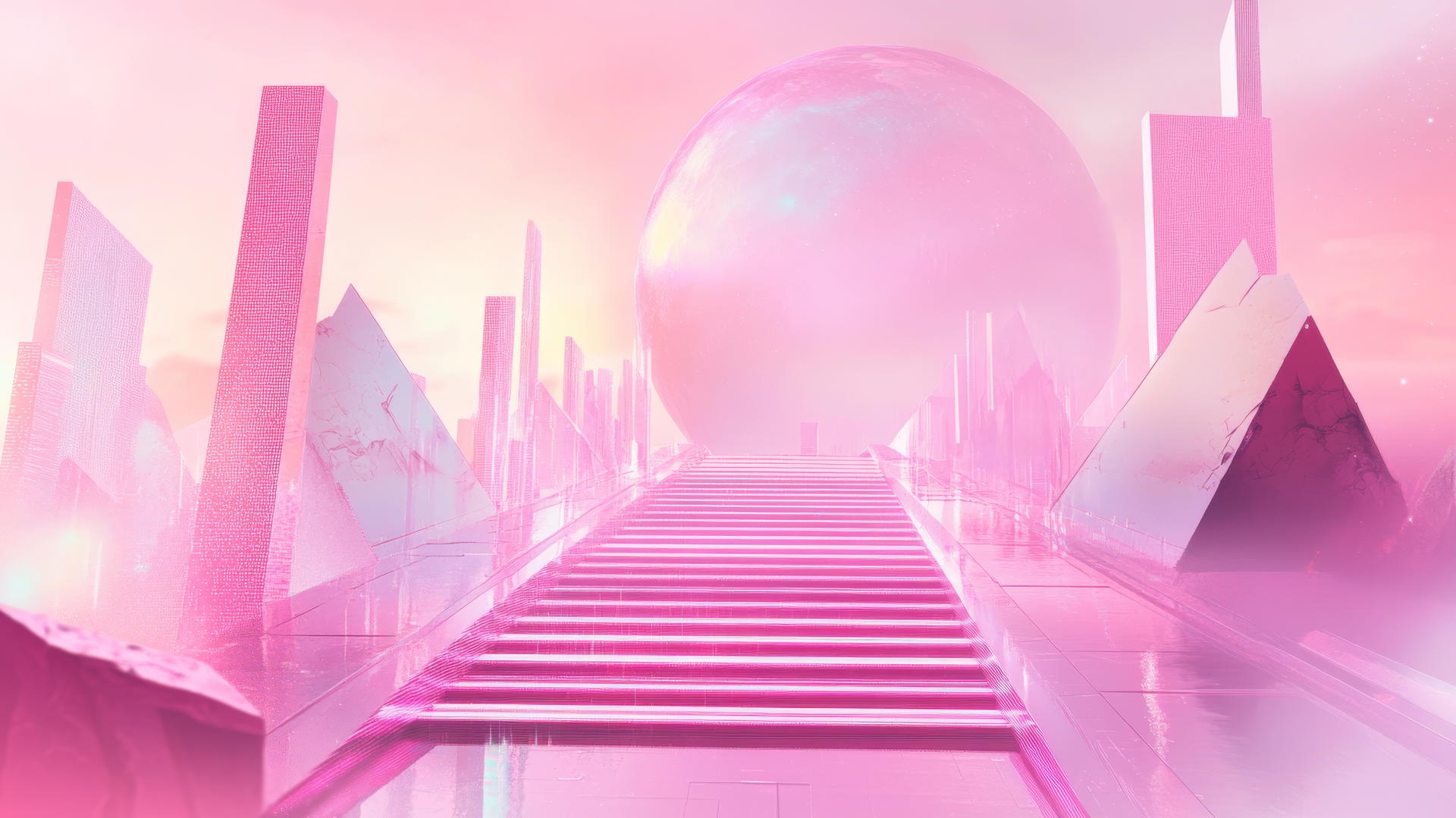 pink Y2K wallpaper with neon pink geometric shapes, pixelated glitch effects, and holographic textures