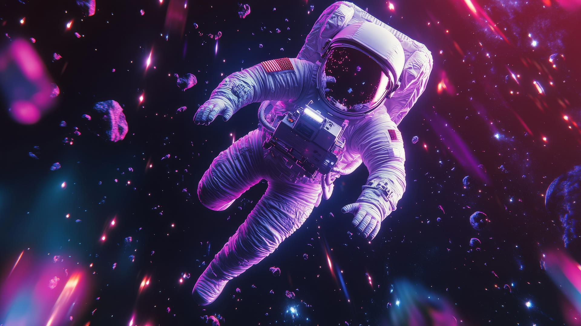 Y2K star wallpaper with floating digital astronaut, neon stars, pixelated debris, glowing halos on black background