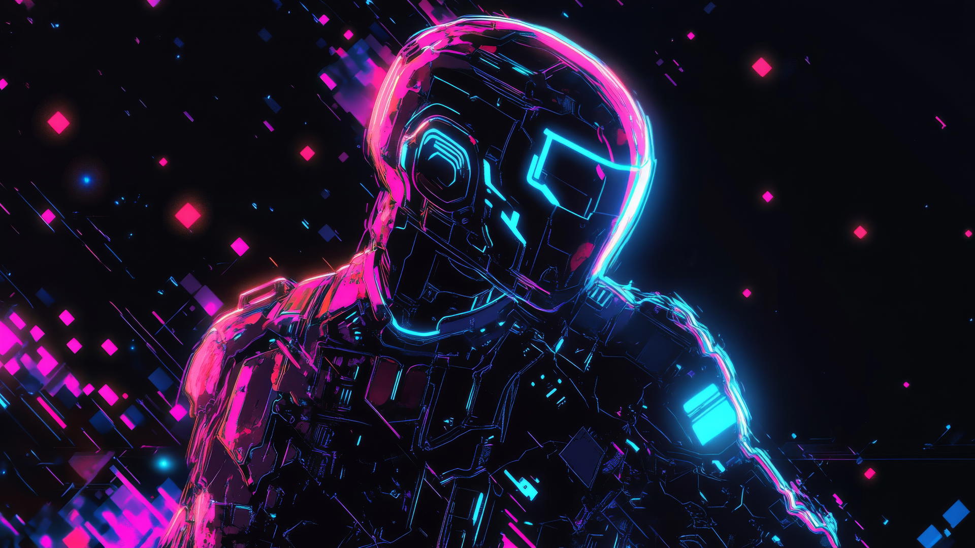 cyber y2k wallpaper black with digital warrior in neon armor, pixelated circuits