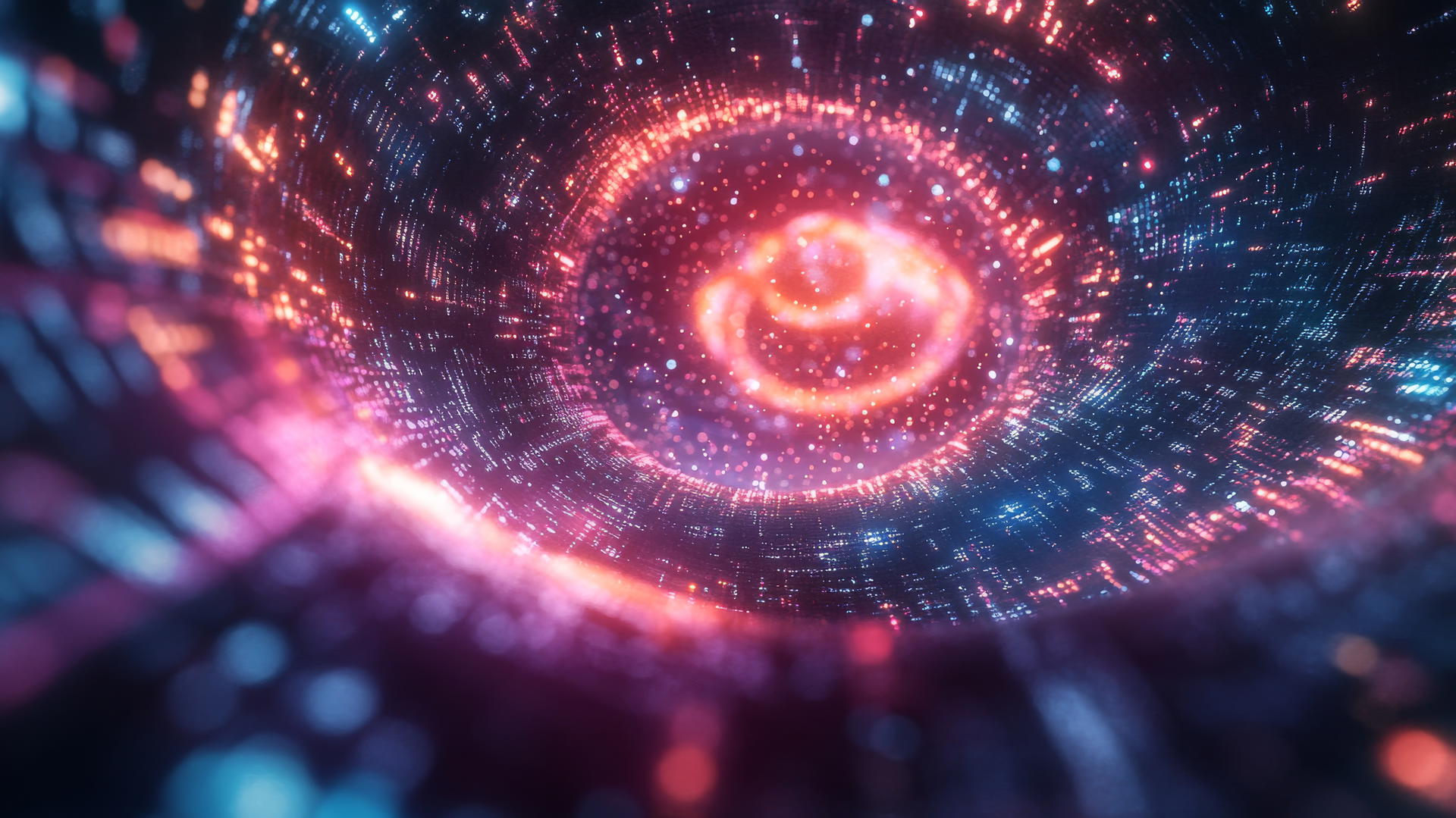 Y2K wallpaper with a swirling vortex of digital binary code and glowing geometric shapes