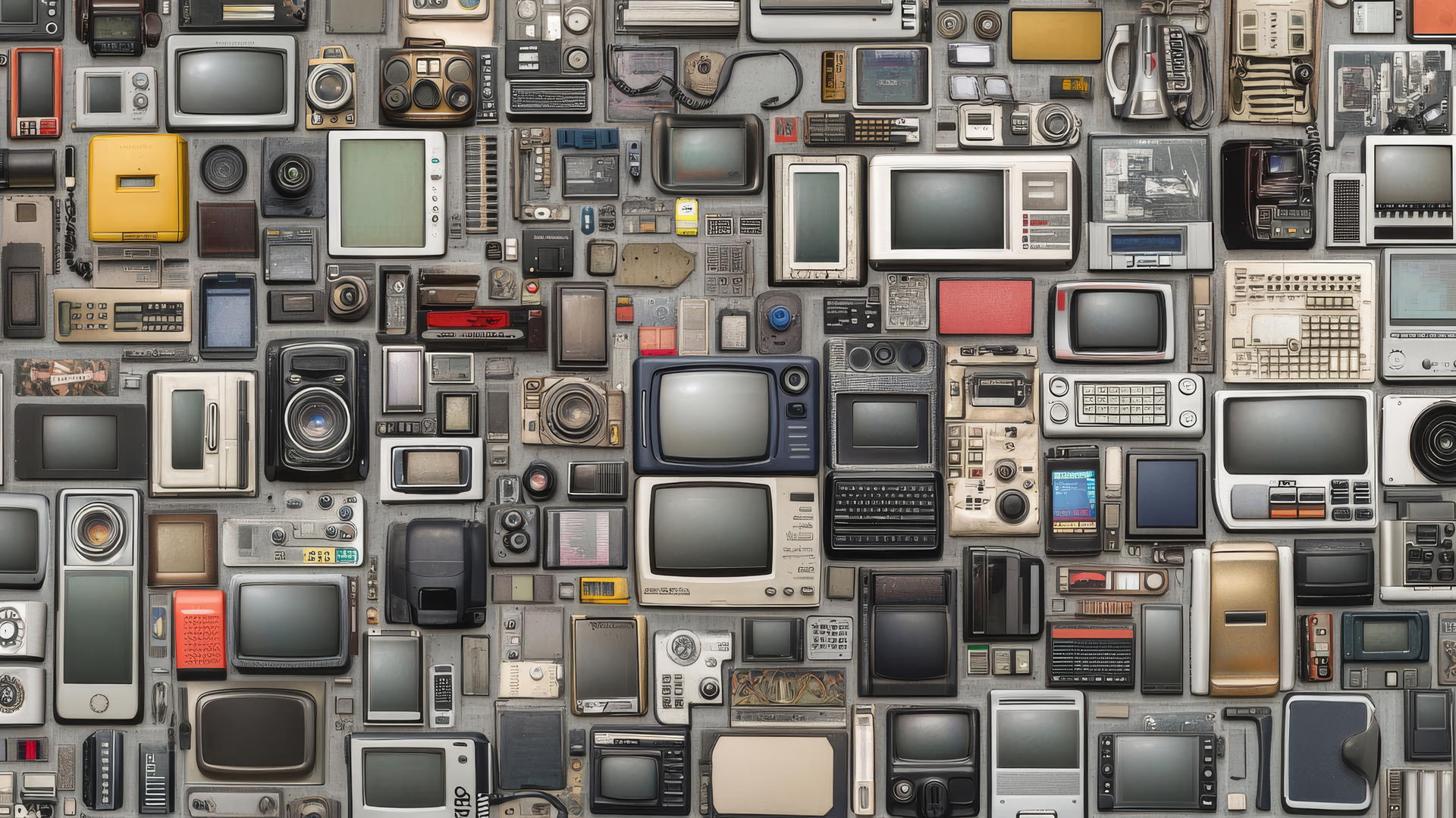 Y2K wallpaper with early 2000s tech gadgets on metallic silver