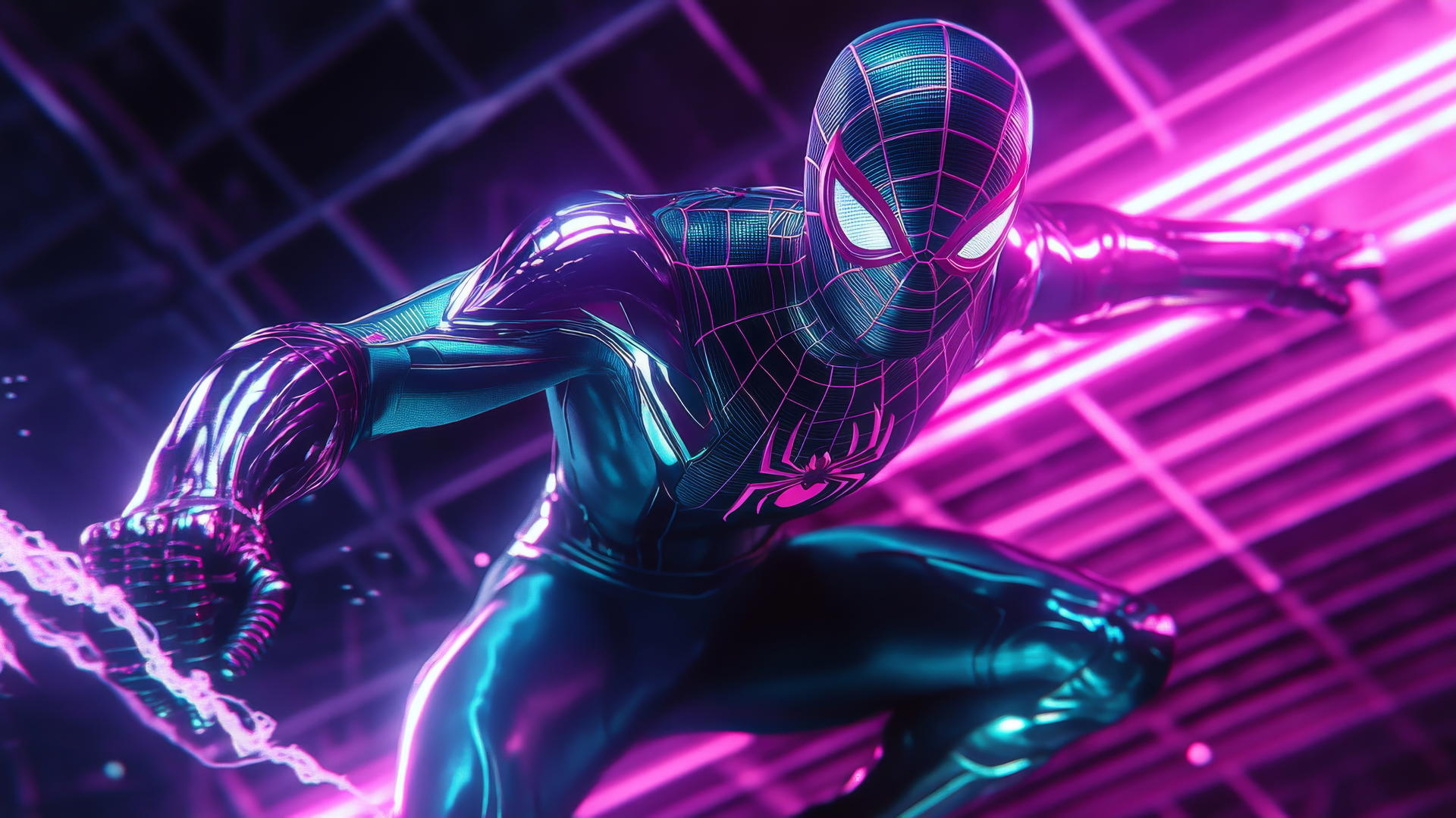 Spider-Man wallpaper aesthetic in 1980s retro-futuristic style with neon grid, purple and teal colors, chrome suit, glowing web effects.