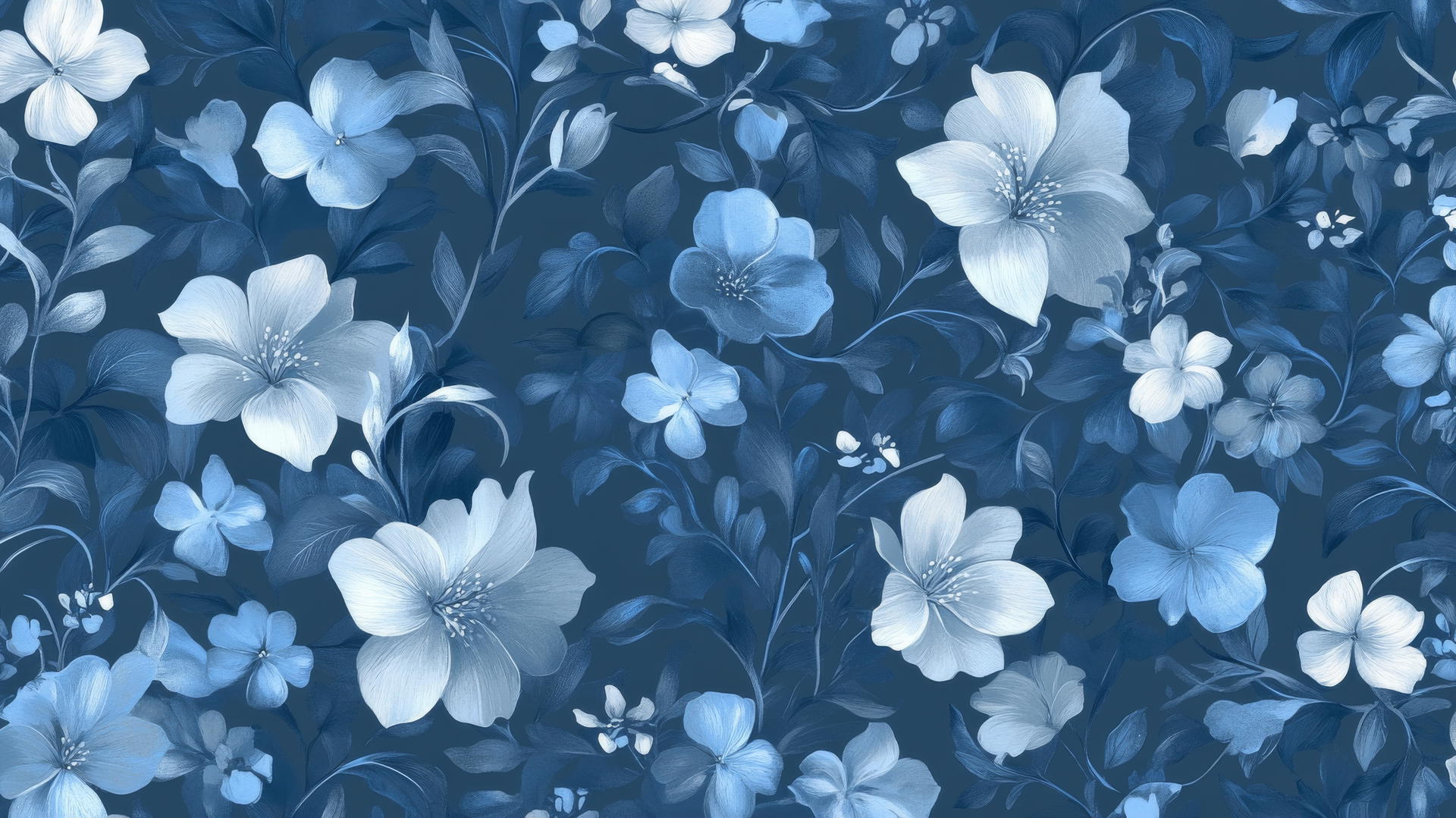 blue wallpaper with floral pattern, blue flowers, silver vines, dark blue background