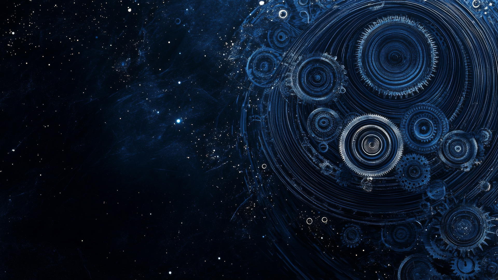 navy blue wallpaper with cosmic clockwork, gears, and celestial motifs