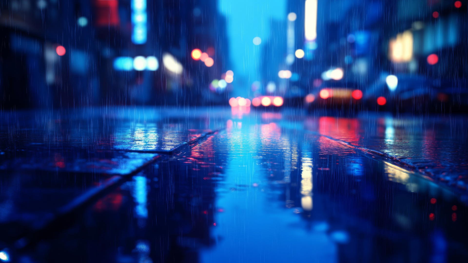 wallpaper blue, rainy city street with light reflections on wet pavement