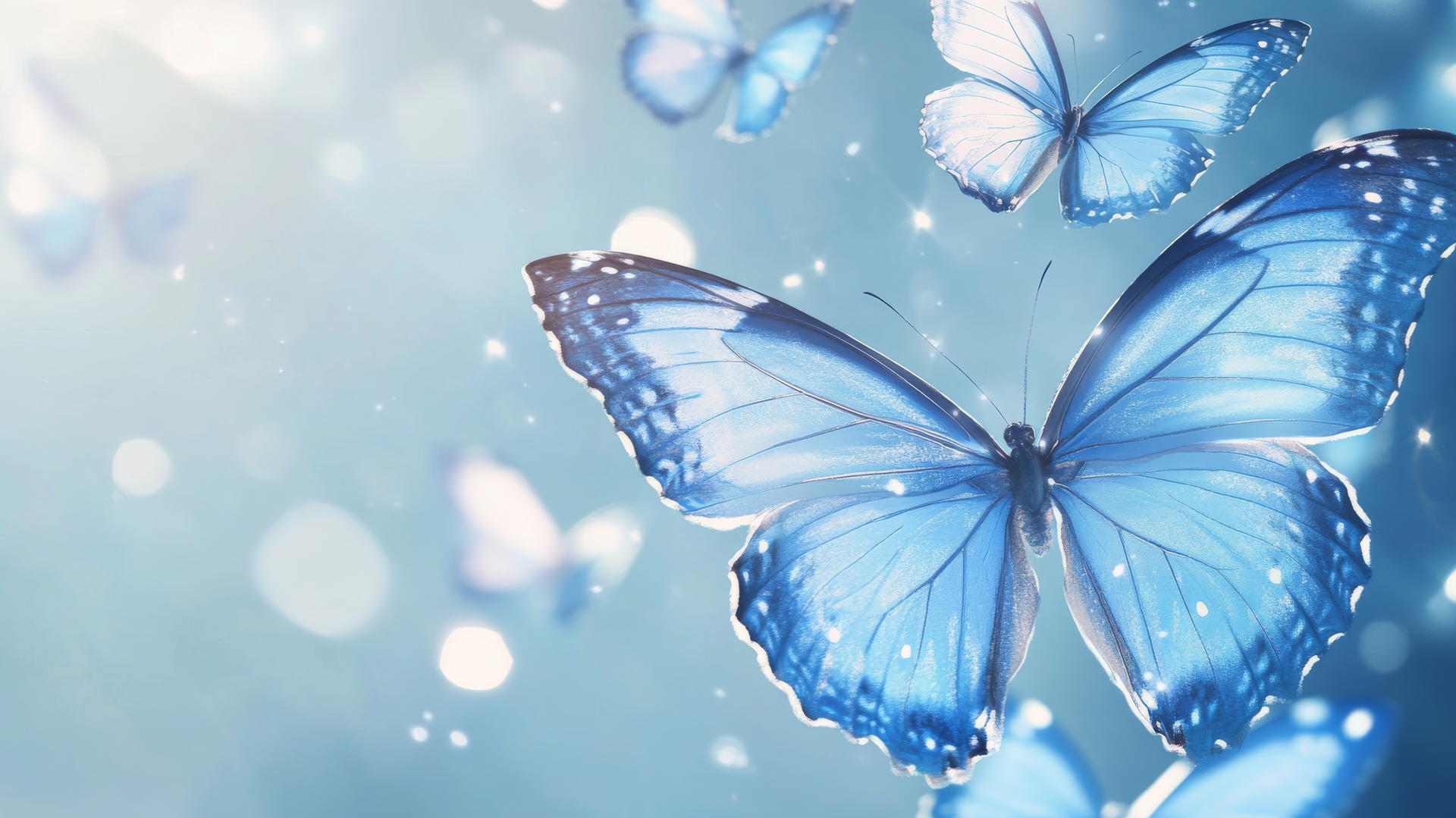 Enchanted blue butterflies on a baby blue wallpaper with glowing effects