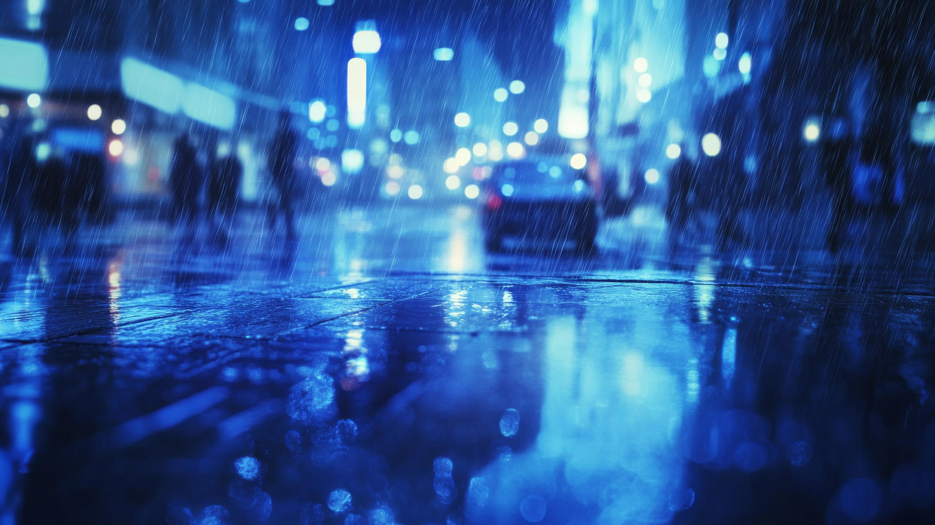 Wallpaper blue tones of a rainy city street with shimmering reflections