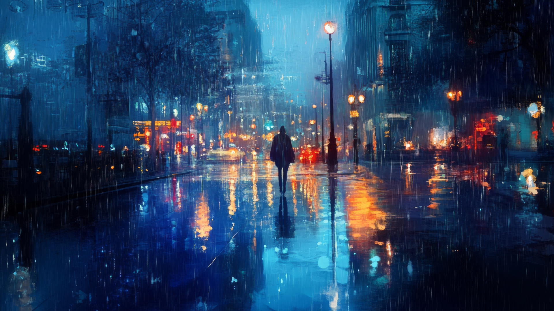 Wallpaper blue with a rainy city street, reflections, and atmospheric scene.
