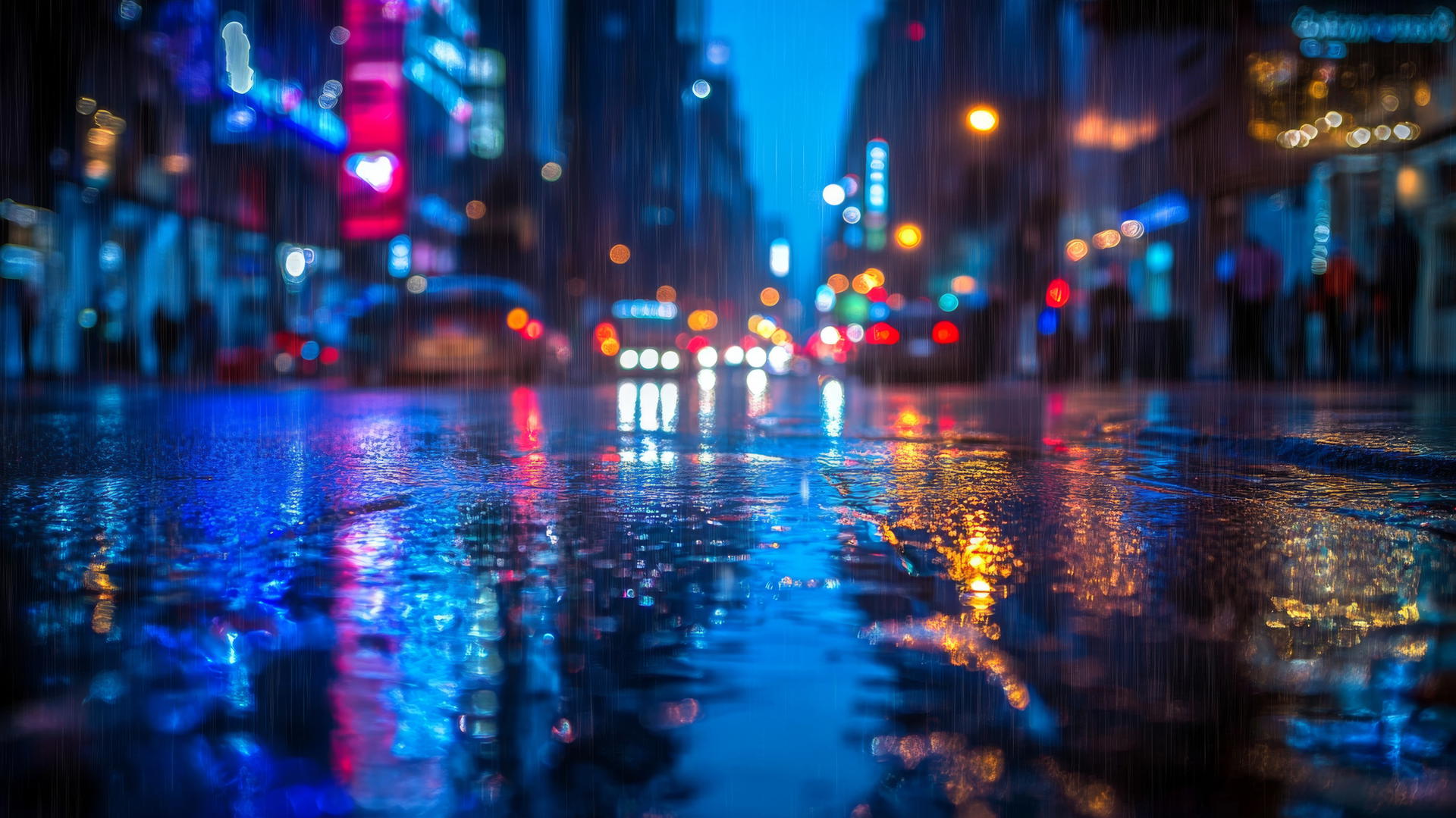 Wallpaper blue, rainy city street with reflections of lights and buildings.