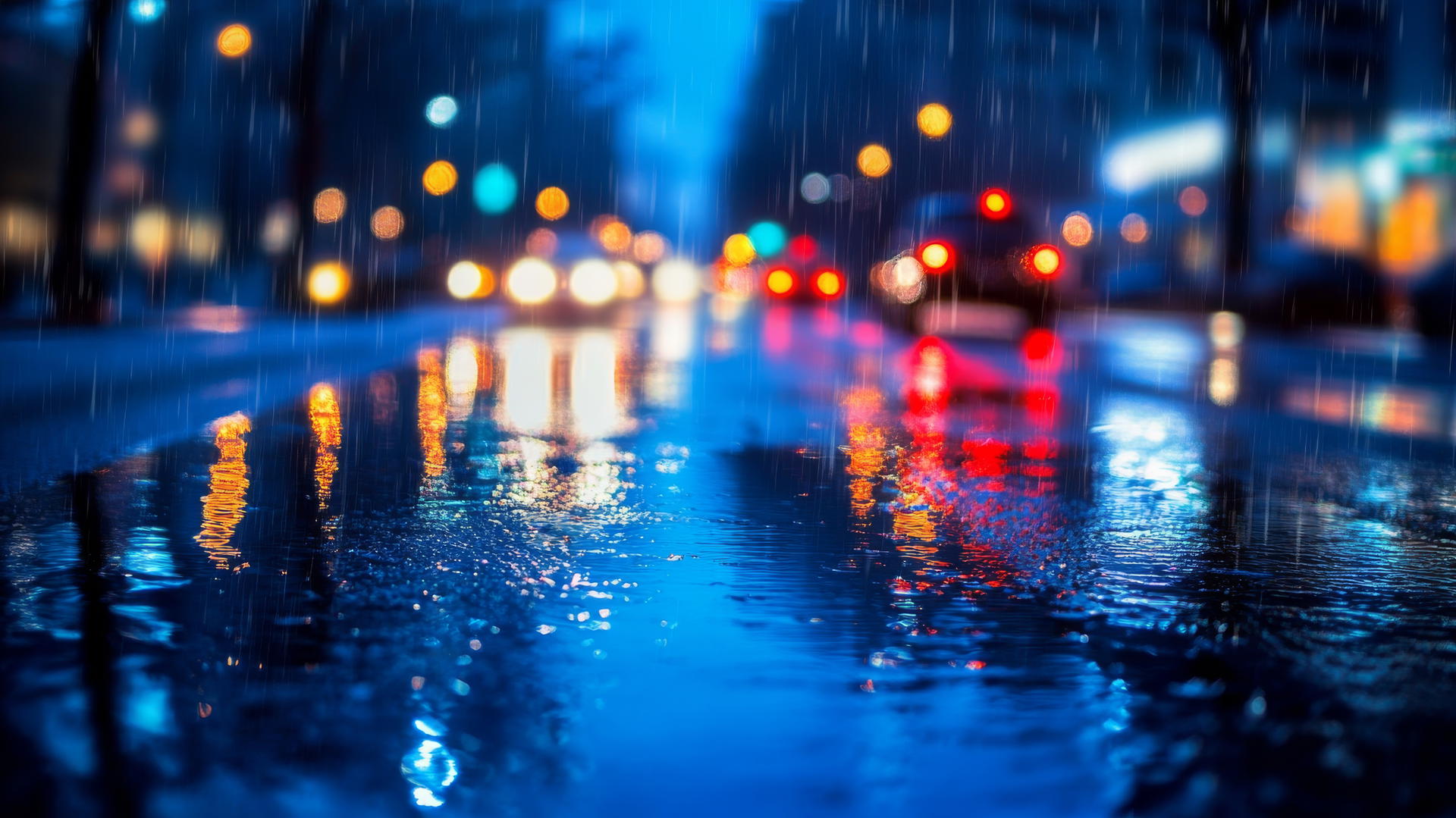 wallpaper blue of rainy city street with reflections on wet pavement