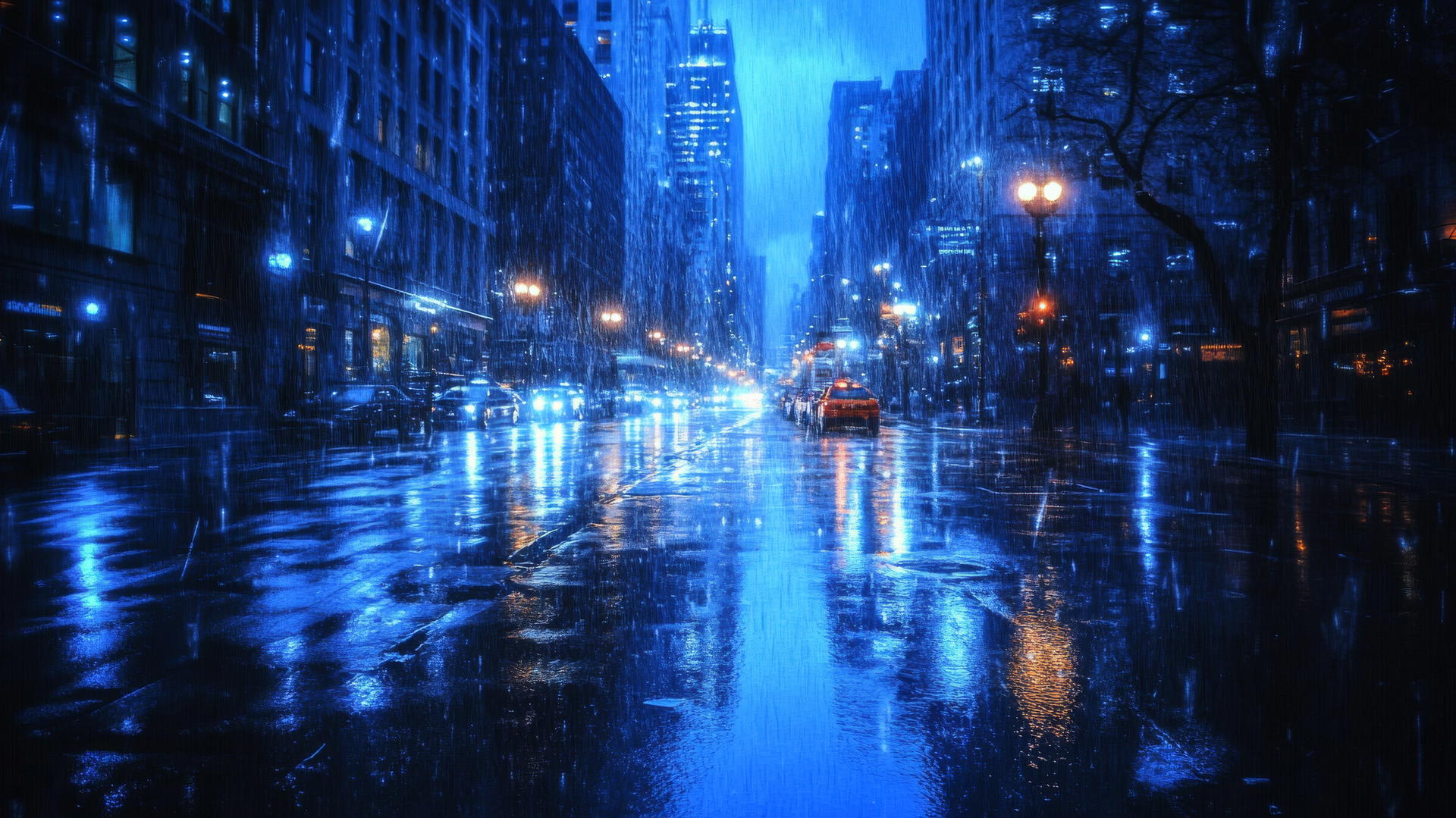 wallpaper blue, rainy city street, lights and buildings reflections