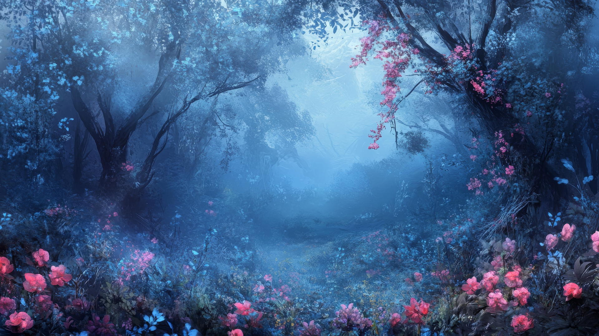 wallpaper blue with enchanted floral forest and blue mist