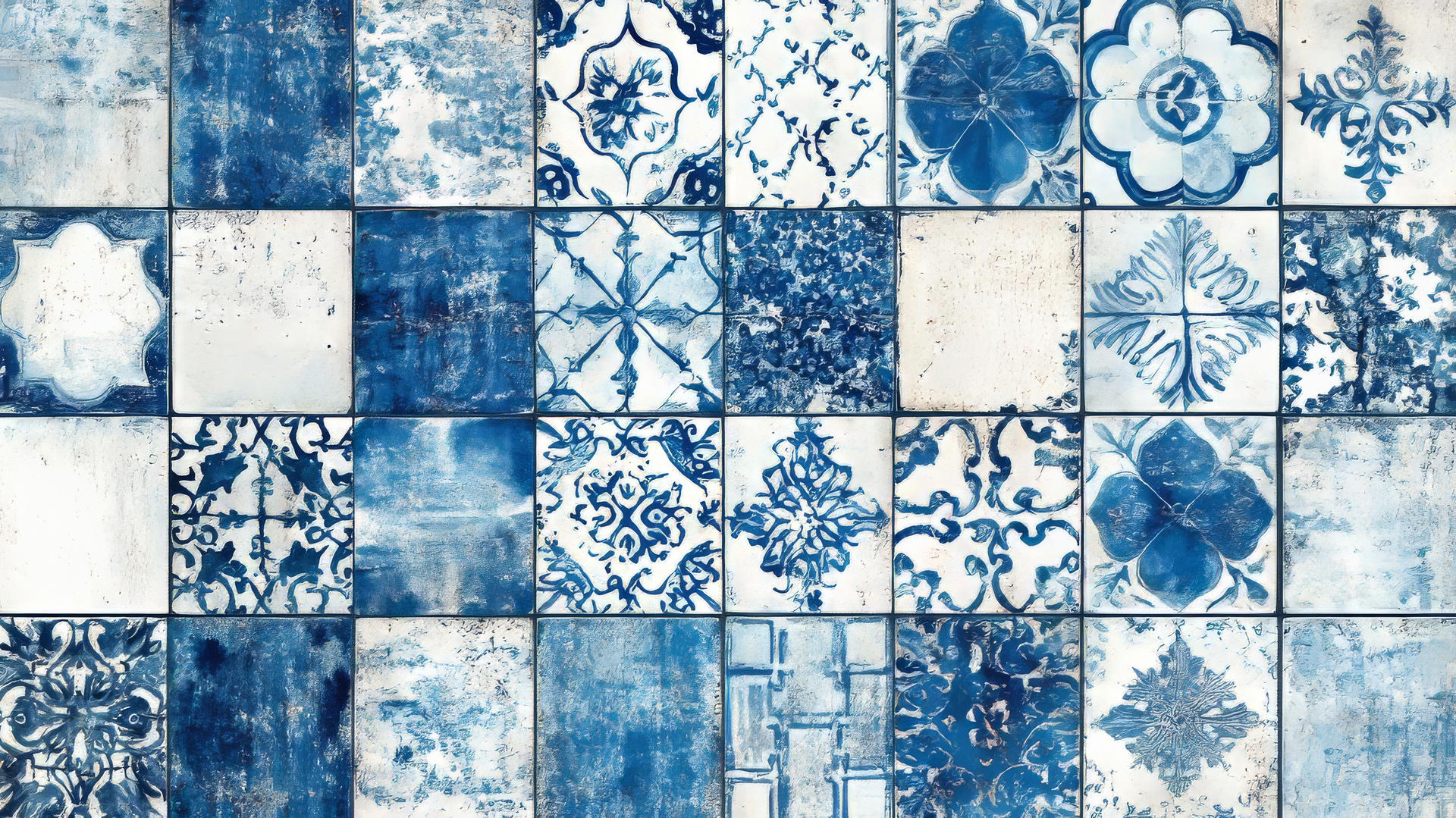 blue and white wallpaper with mosaic tile design and unique patterns