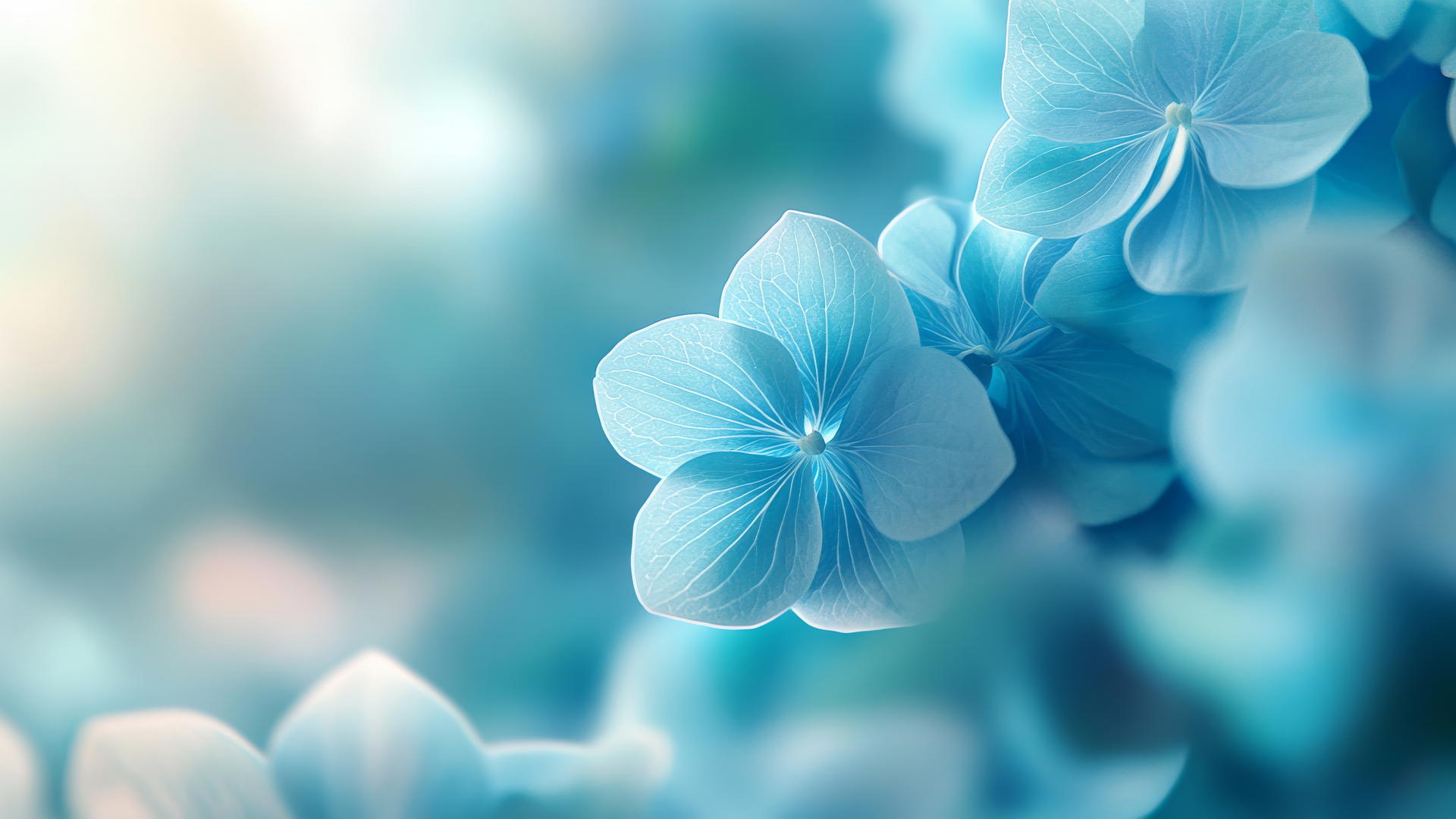 blue flower wallpaper with glowing blue hydrangea petals and blurred garden background