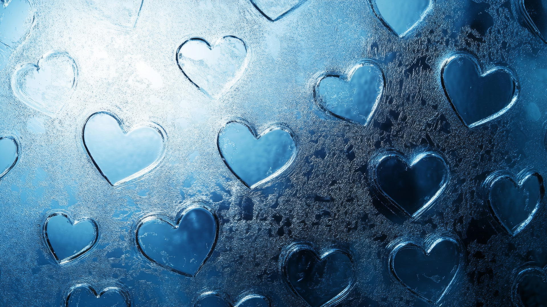 blue heart wallpaper etched on frosted glass with diffused light