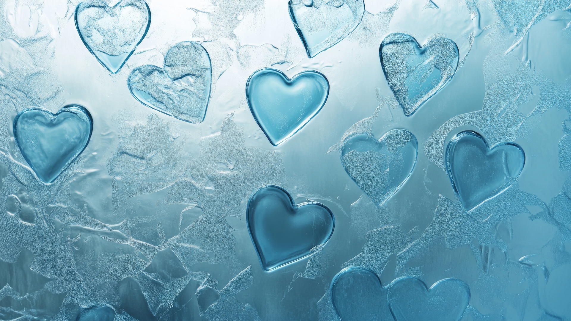 blue heart wallpaper with etched hearts on frosted glass and soft light diffusion