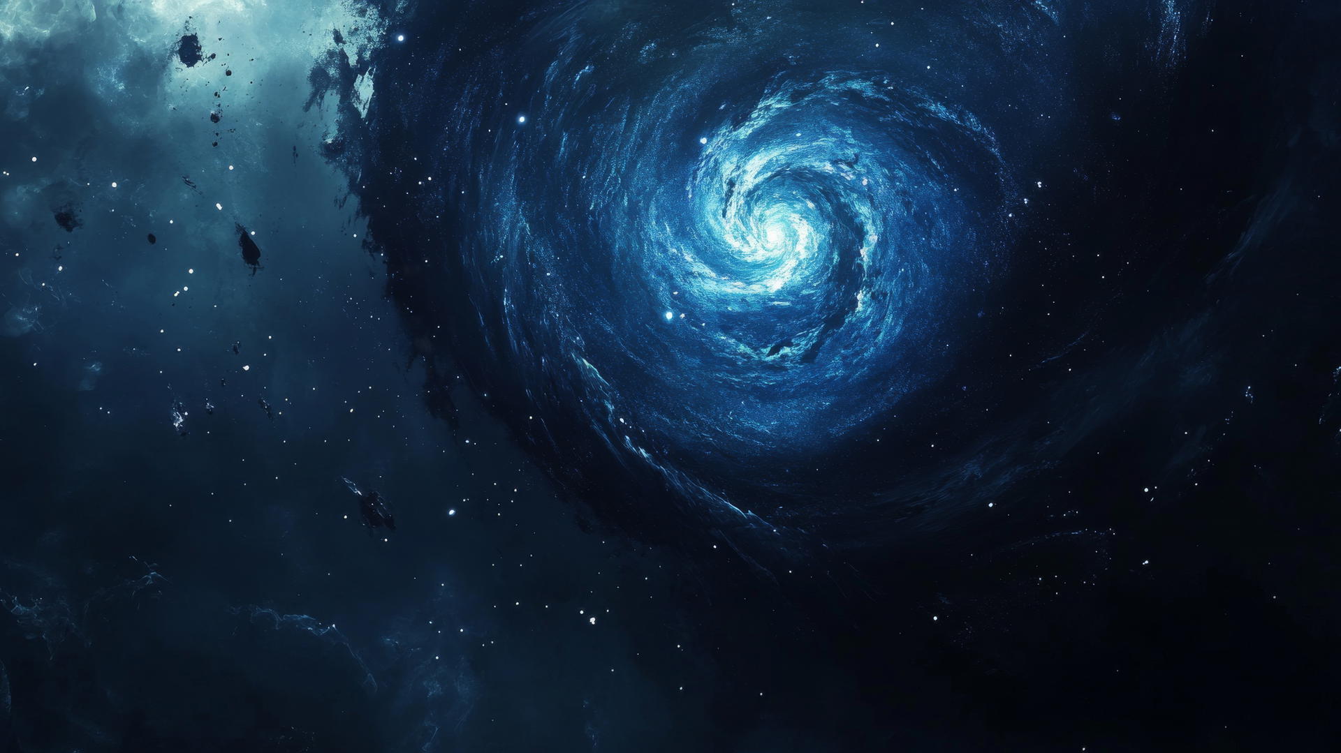 Aesthetic wallpaper blue spiral galaxy with swirling stars and cosmic dust.