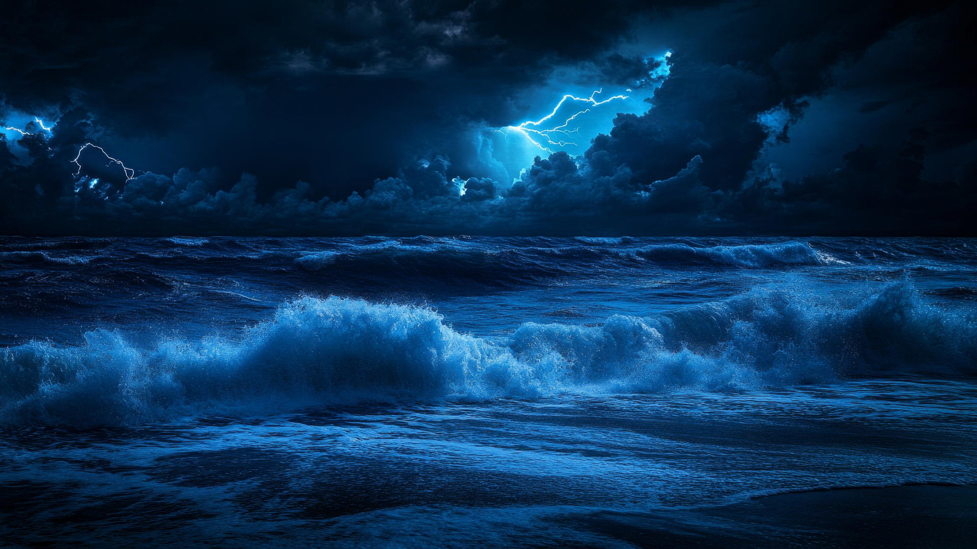 black and blue wallpaper with powerful ocean waves under a stormy sky and lightning