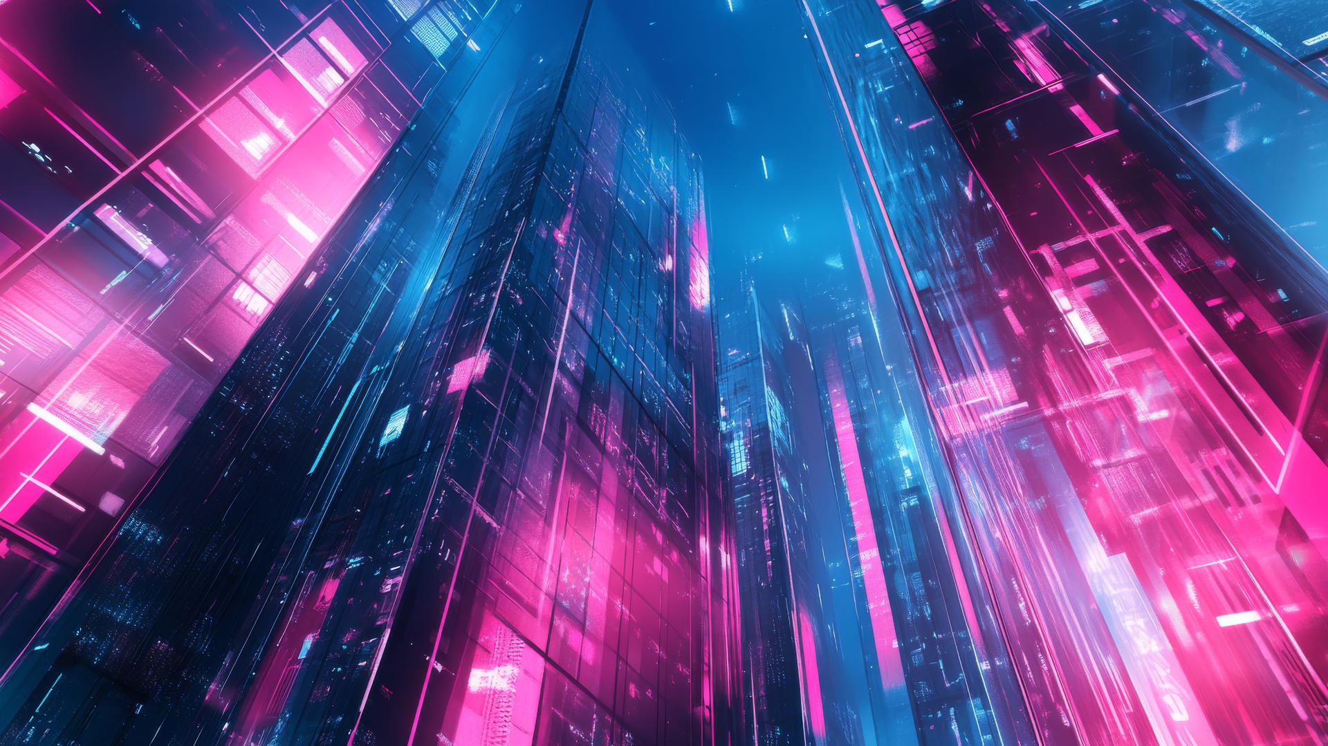 pink and blue wallpaper with neon lights on a modern cityscape