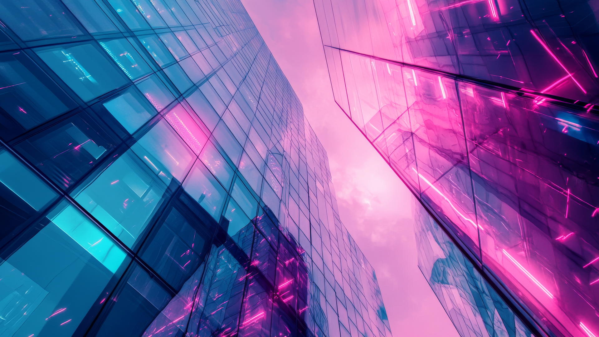 Pink and blue wallpaper of modern cityscape with neon lights