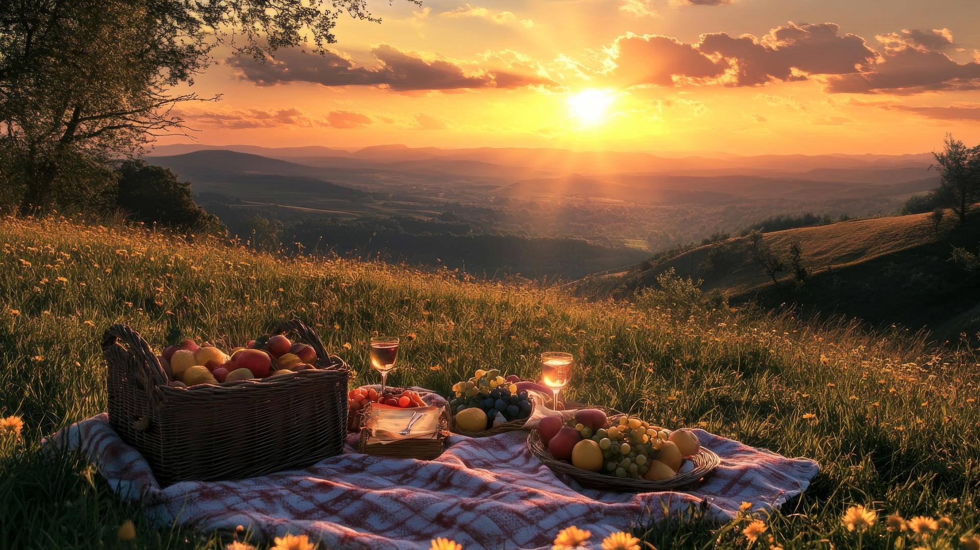 Summer wallpaper of a sunset picnic scene on a grassy hill