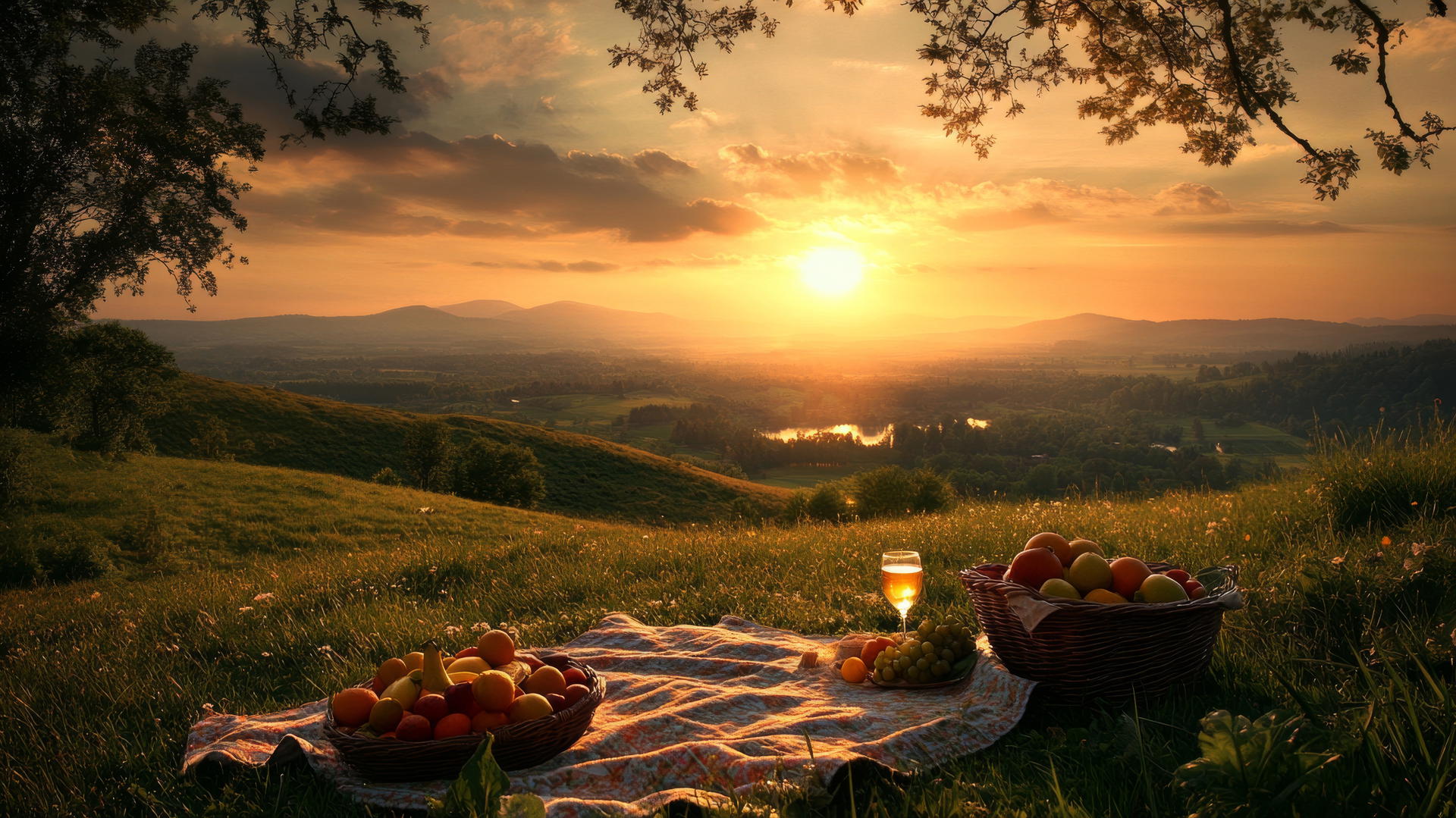 summer wallpaper of sunset picnic scene with blanket, basket of fruits, and wine glasses on grassy hill
