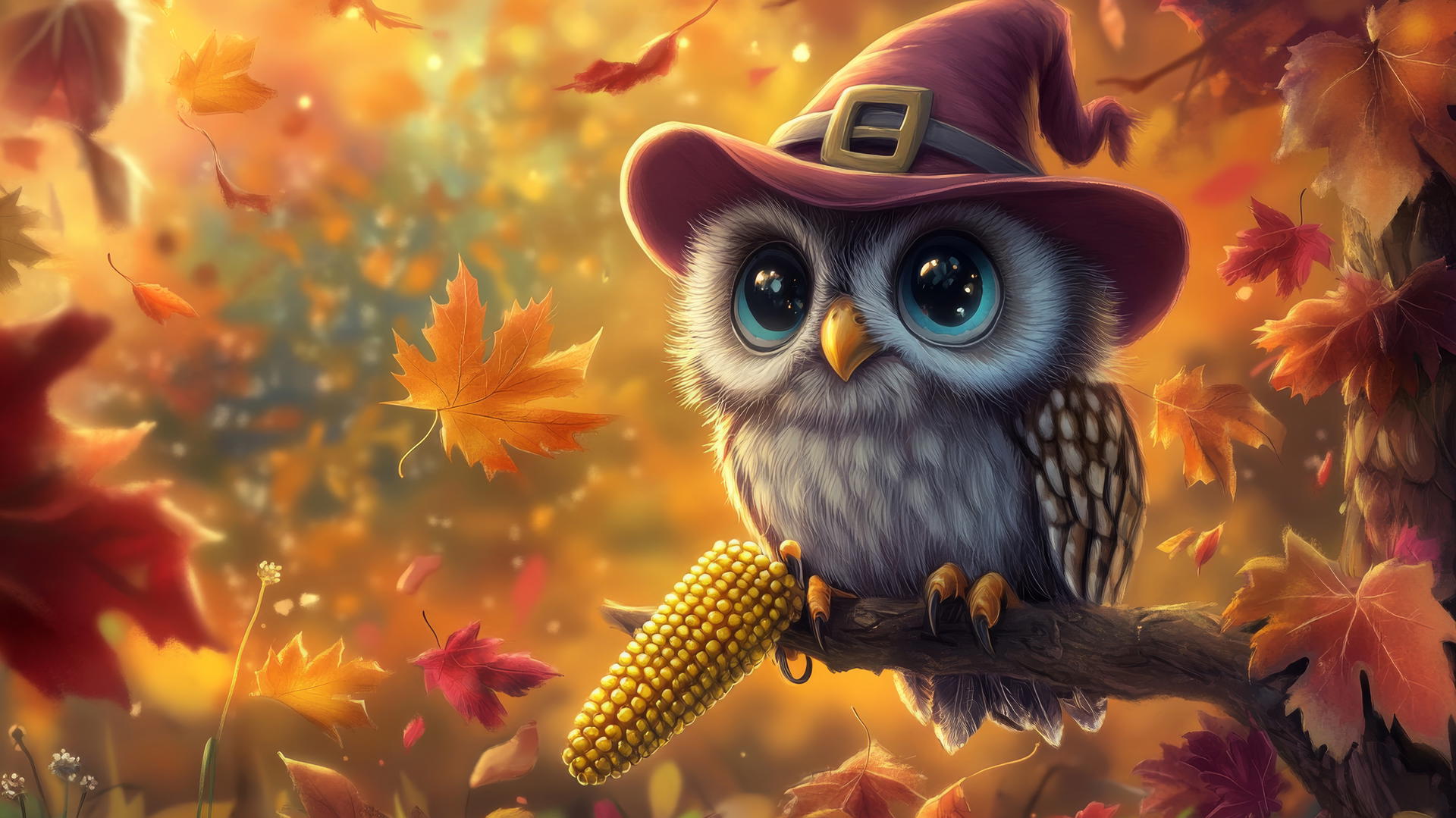 Wallpaper cute thanksgiving backgrounds with a fluffy baby owl wearing a pilgrim hat, on a branch with autumn leaves and a corn cob.