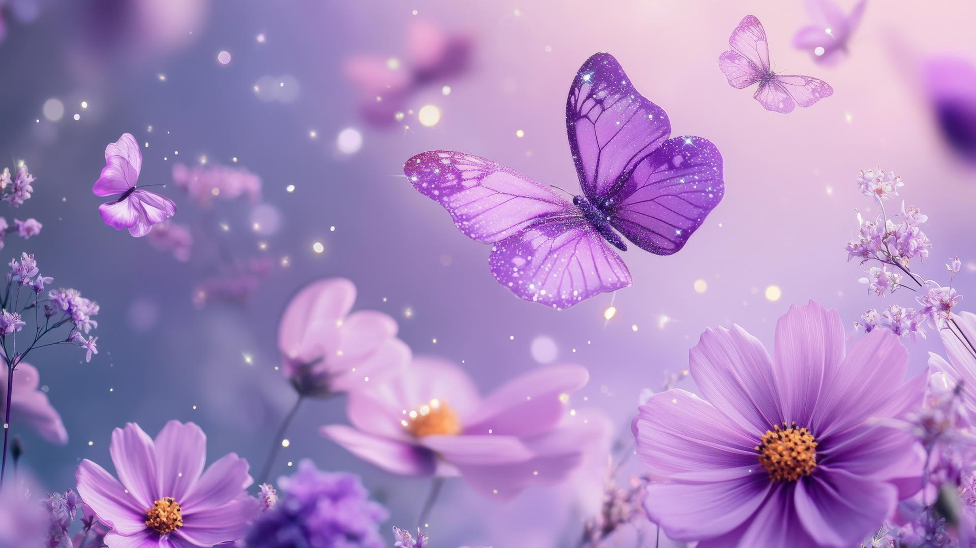 purple aesthetic wallpaper 4k with floating flowers, butterflies, and sparkles