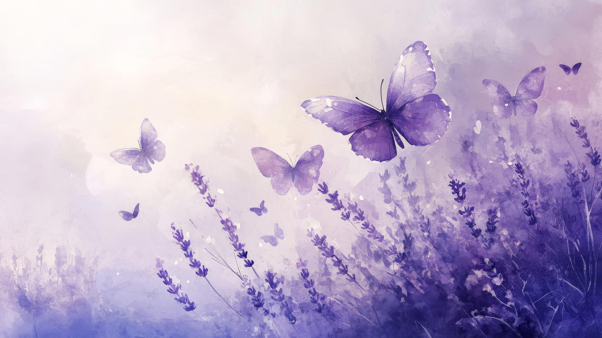 Purple butterflies floating above a lavender field in soft watercolor