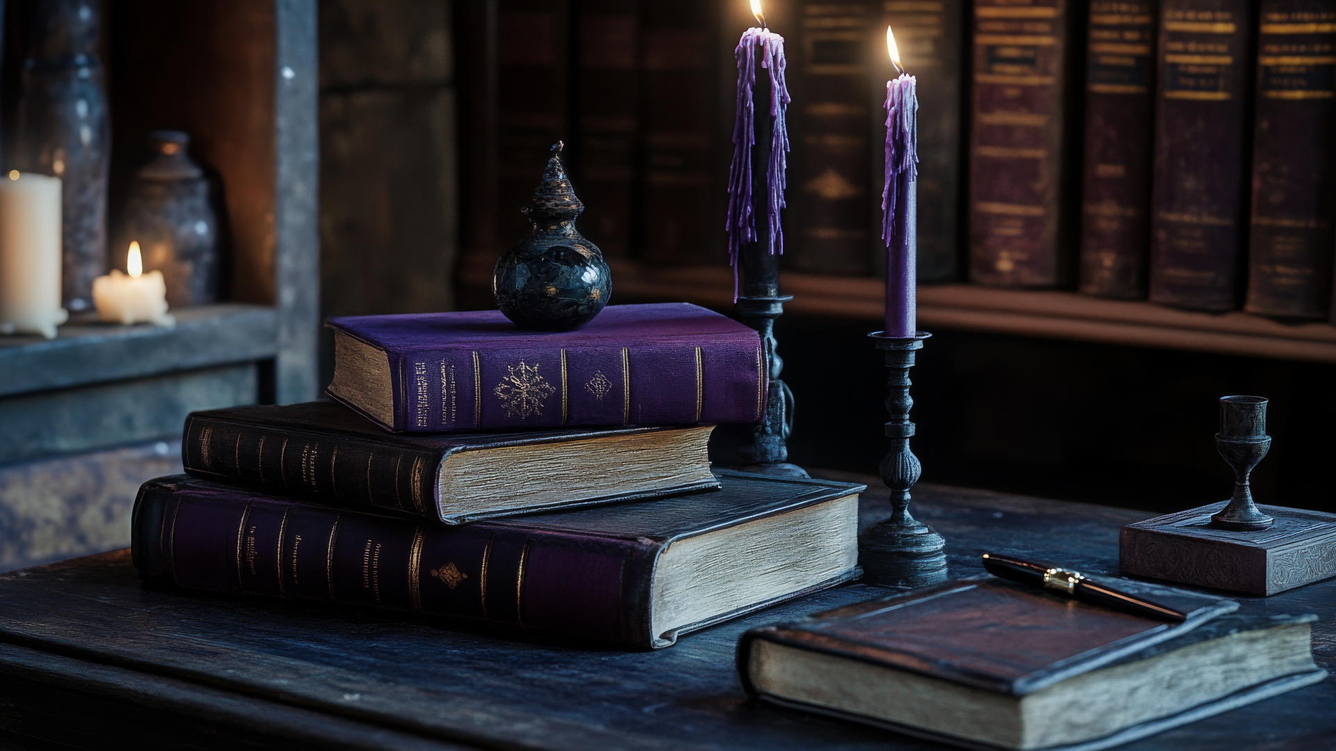 Purple wallpaper aesthetic with dark academia, antique books, quill pens, and candlelight