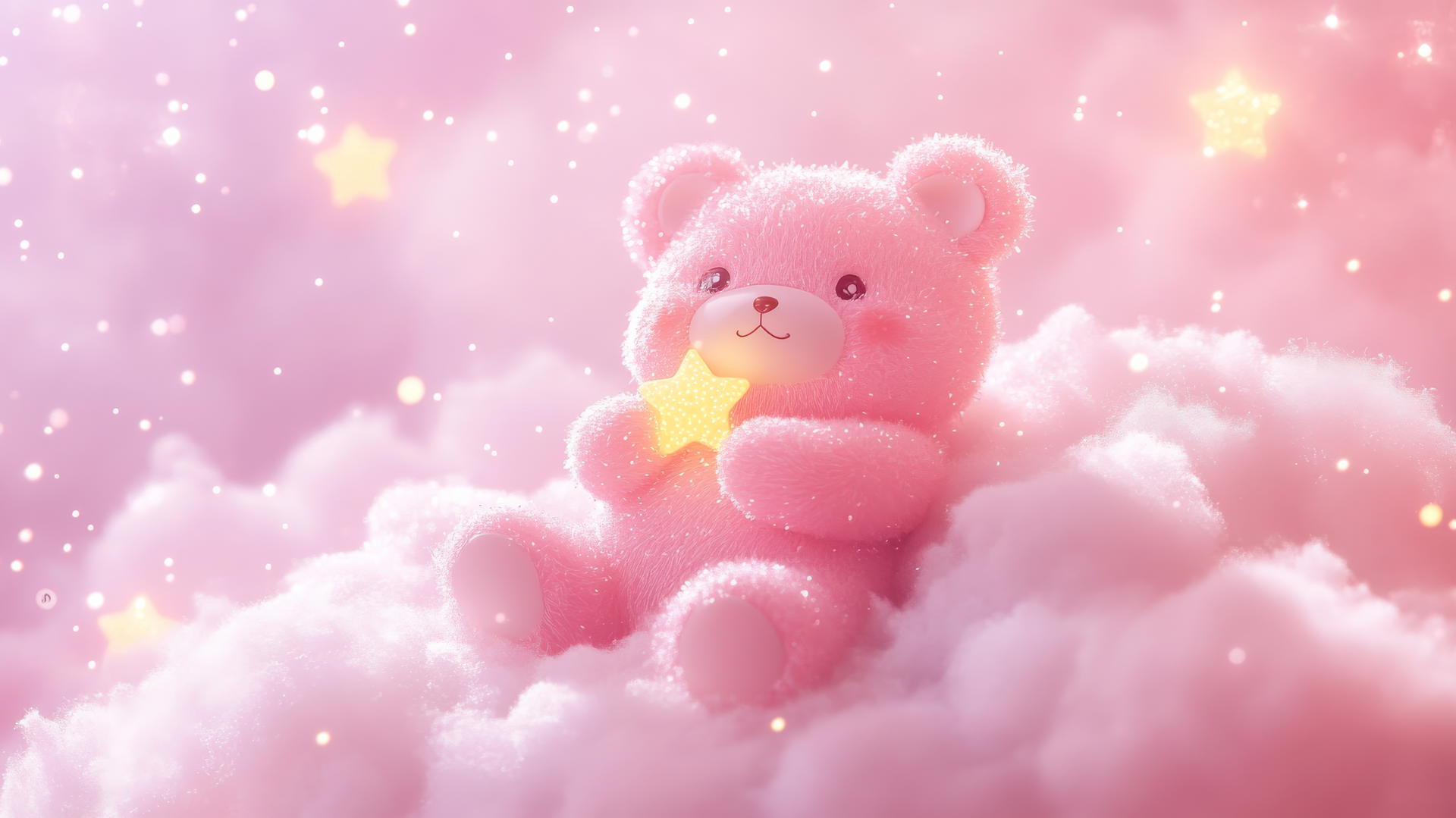 cute pink wallpaper of a kawaii bear holding a tiny star on a fluffy cloud with sparkles