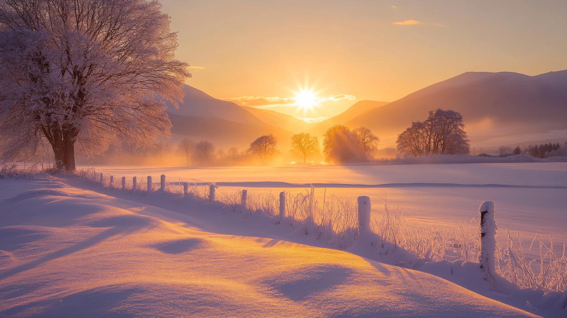 peaceful winter sunrise over snow-covered field, winter wallpaper