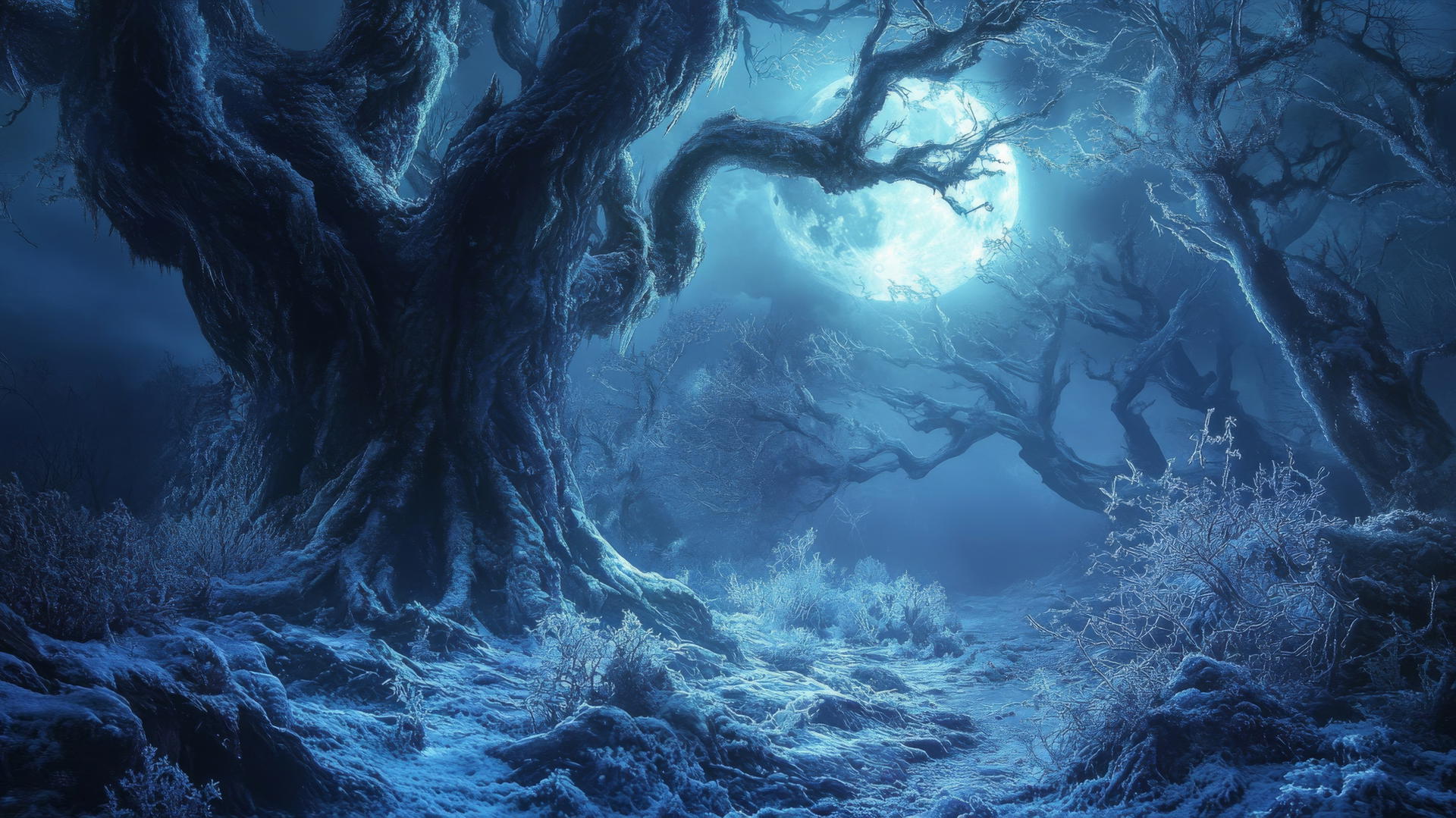 Mystical winter forest with frosty ancient trees under an ethereal full moon, winter background wallpaper