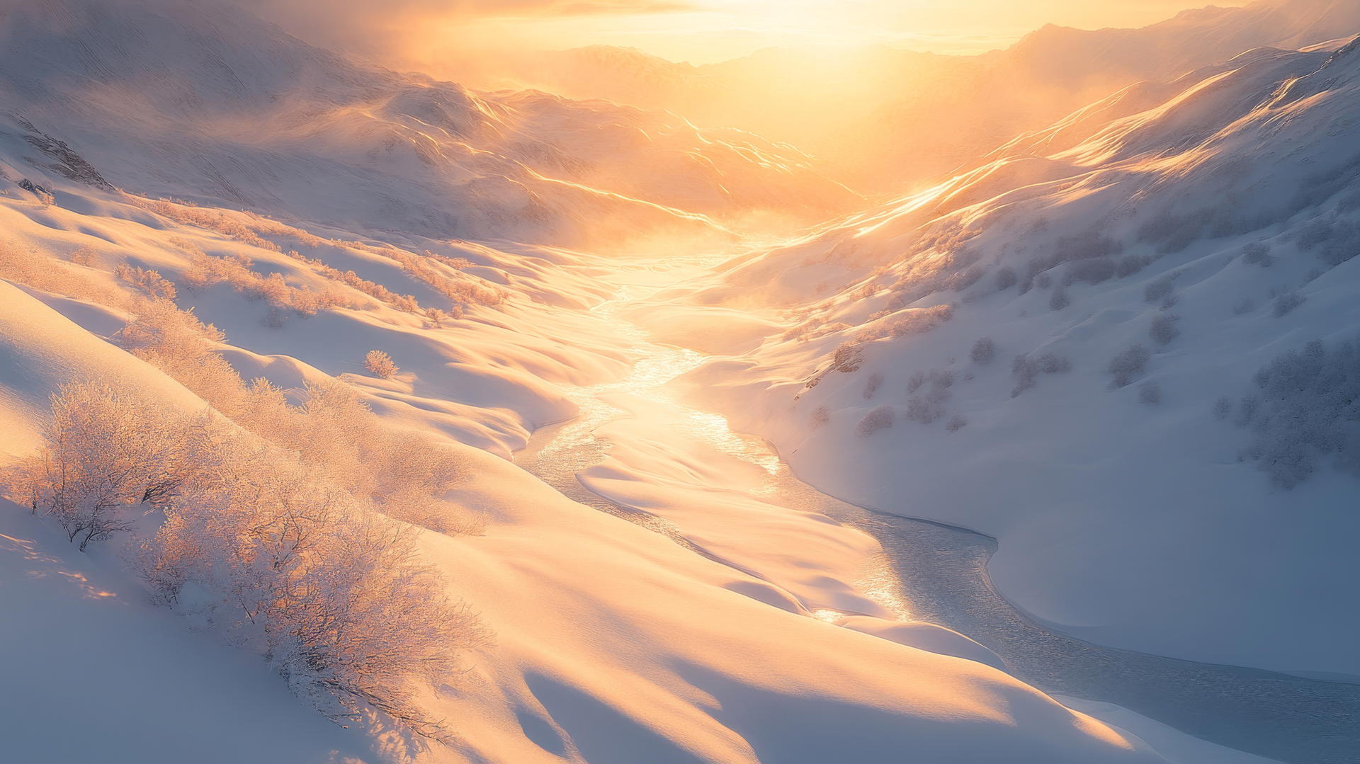 beautiful winter wallpaper with a snow-covered valley at sunrise and golden light reflections