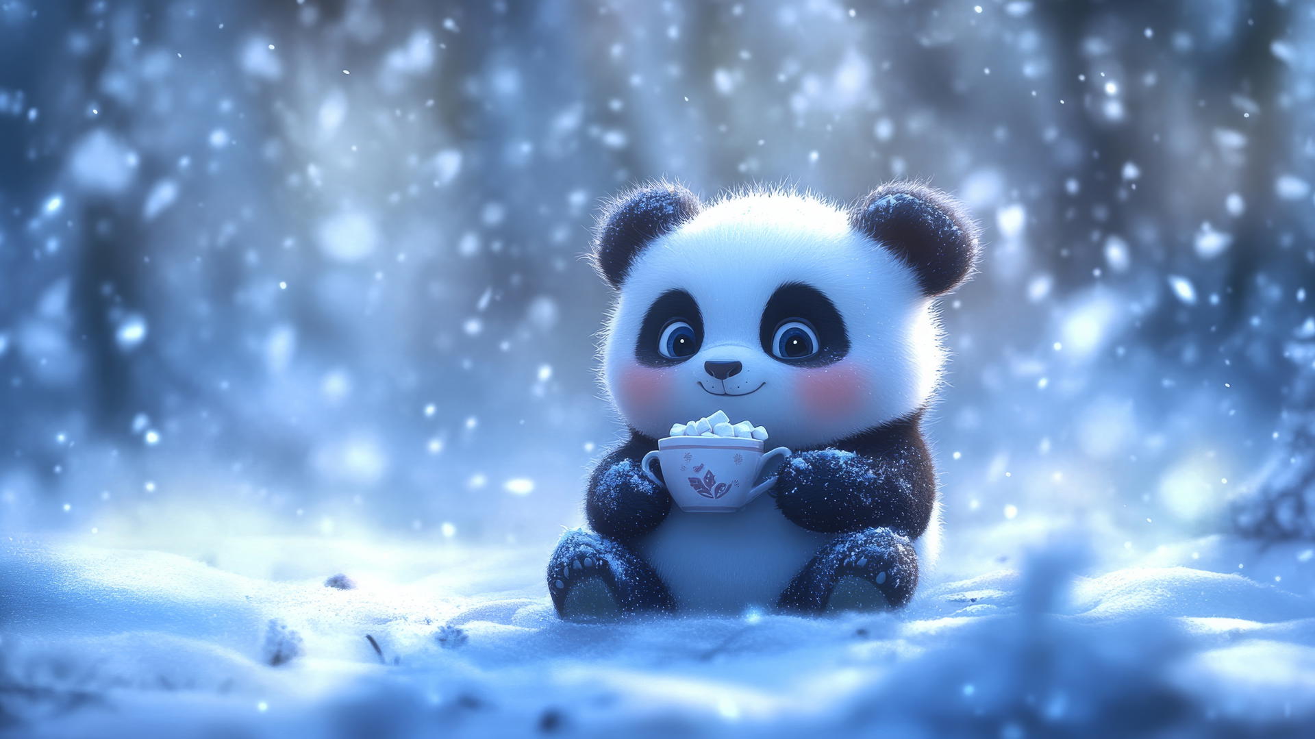 cute panda wallpaper with a chubby panda holding hot cocoa in the snow