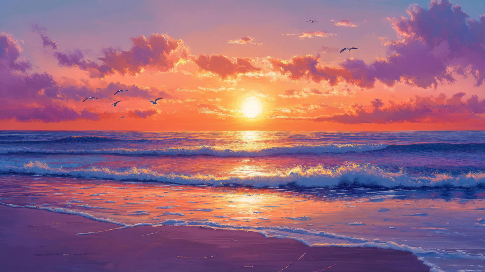 Beach sunset wallpaper with long shadows, distant seagulls, and sparkling waves
