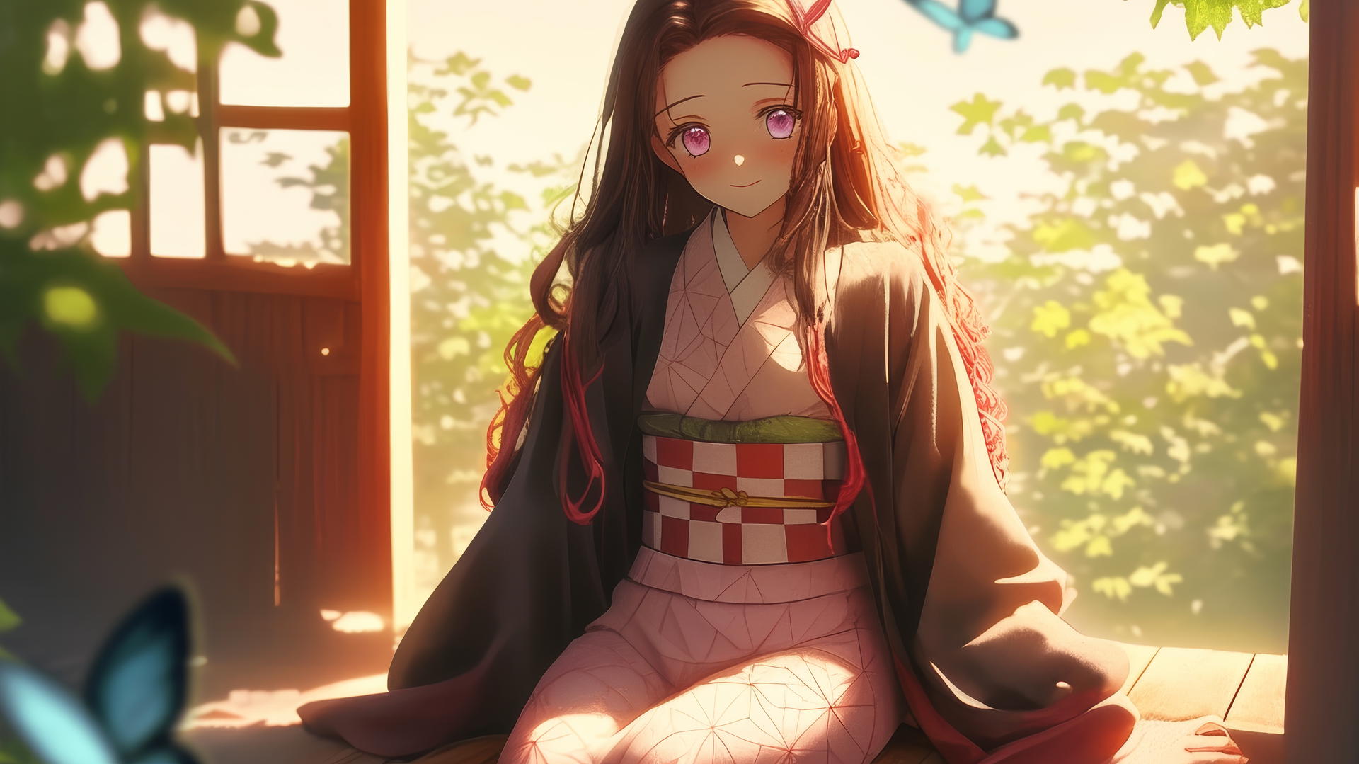 demon slayer wallpaper nezuko sitting in sunny apartment with soft pink eyes