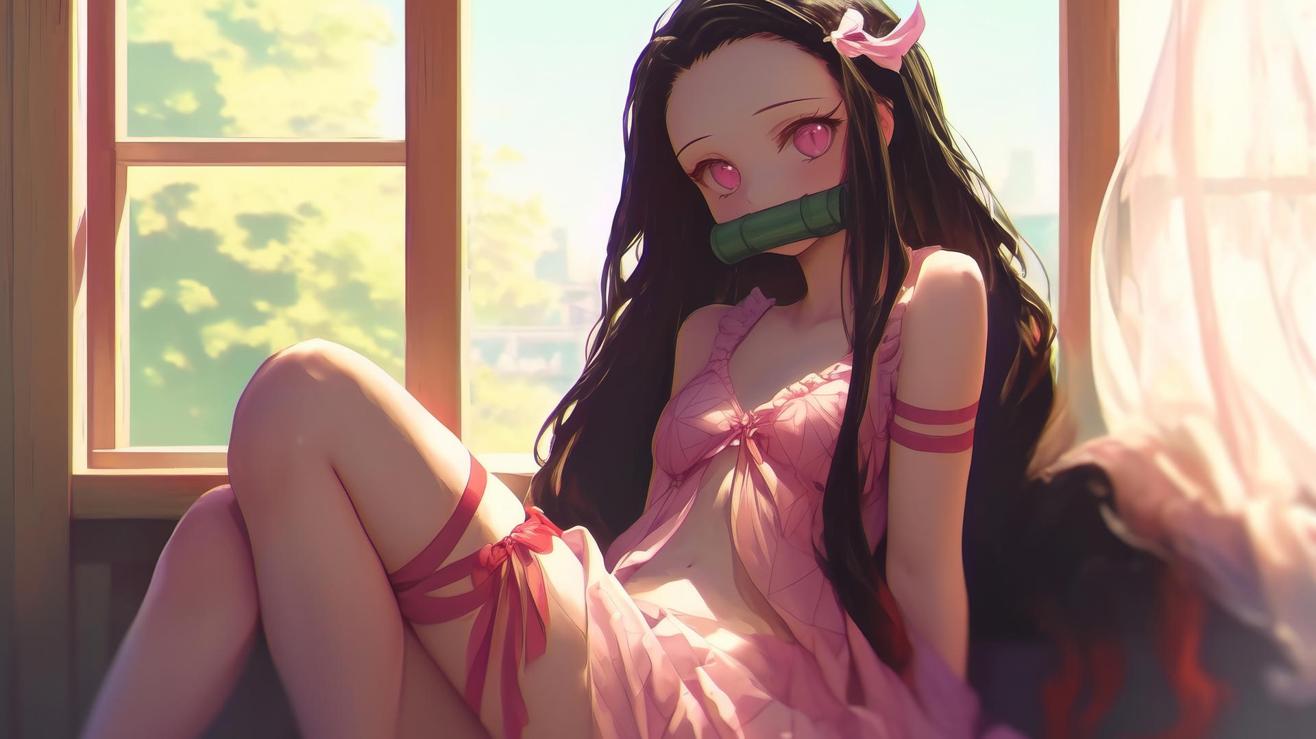Demon Slayer wallpaper Nezuko sitting in sunny apartment with warm light