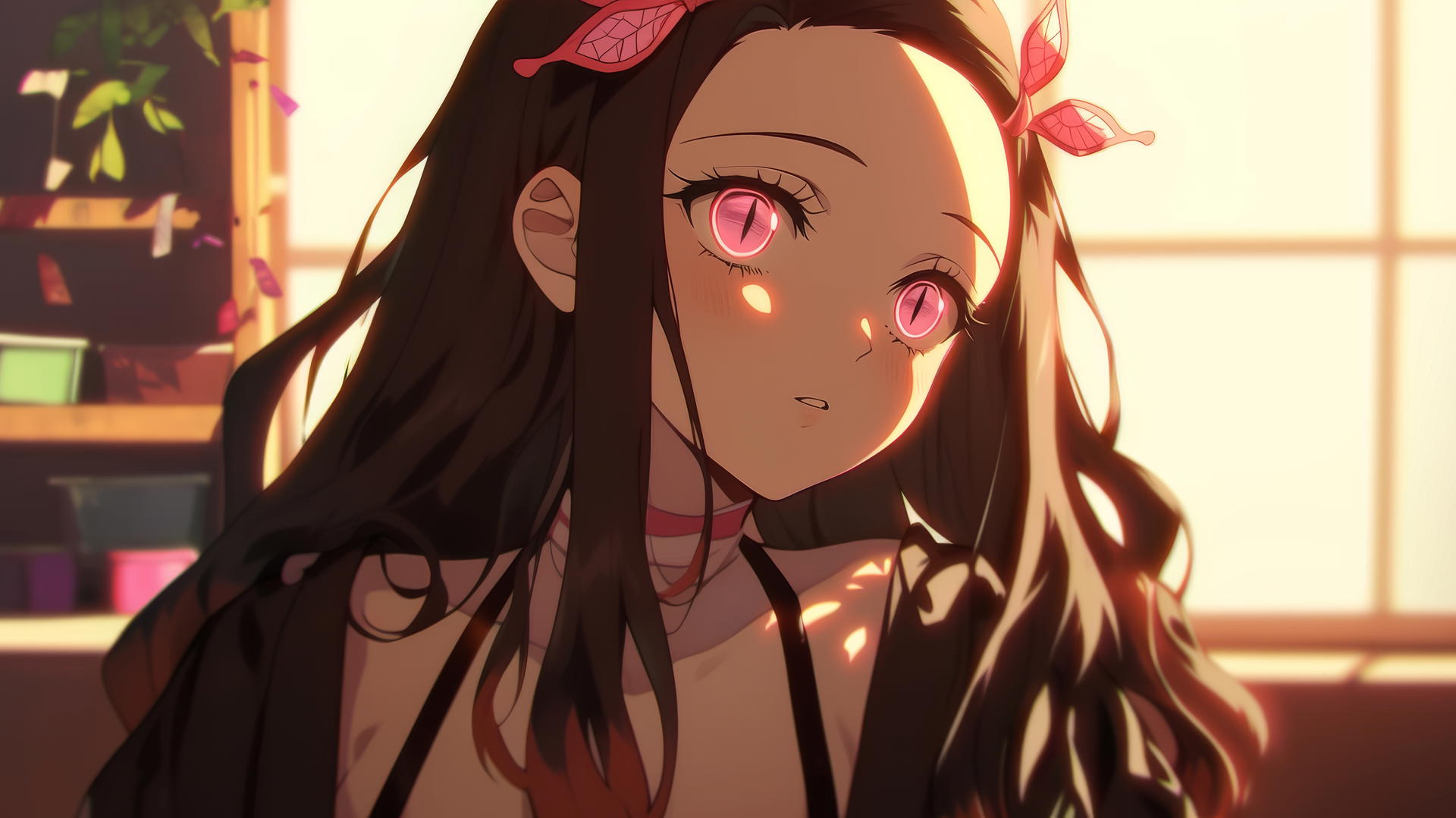 demon slayer wallpaper, Nezuko sitting in a sunny apartment with a soft glow